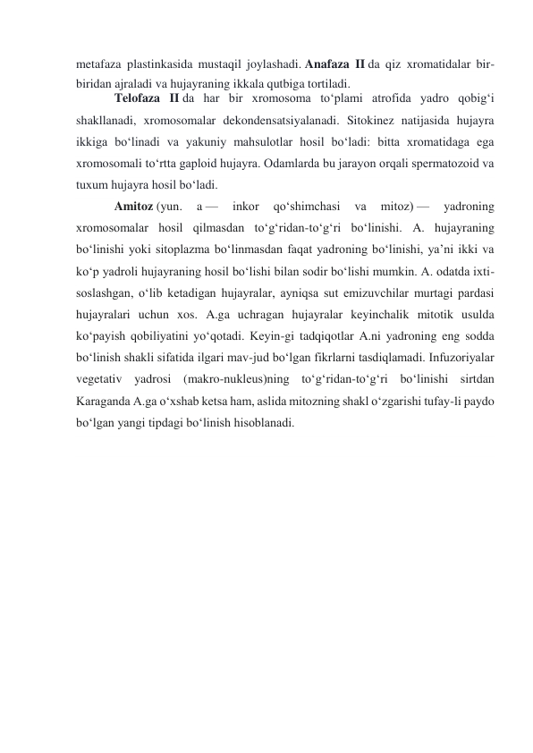 metafaza plastinkasida mustaqil joylashadi. Anafaza II da qiz xromatidalar bir-
biridan ajraladi va hujayraning ikkala qutbiga tortiladi. 
Telofaza II da har bir xromosoma toʻplami atrofida yadro qobigʻi 
shakllanadi, xromosomalar dekondensatsiyalanadi. Sitokinez natijasida hujayra 
ikkiga boʻlinadi va yakuniy mahsulotlar hosil boʻladi: bitta xromatidaga ega 
xromosomali toʻrtta gaploid hujayra. Odamlarda bu jarayon orqali spermatozoid va 
tuxum hujayra hosil boʻladi.  
Amitoz (yun. 
a — 
inkor 
qoʻshimchasi 
va 
mitoz) — 
yadroning 
xromosomalar hosil qilmasdan toʻgʻridan-toʻgʻri boʻlinishi. A. hujayraning 
boʻlinishi yoki sitoplazma boʻlinmasdan faqat yadroning boʻlinishi, yaʼni ikki va 
koʻp yadroli hujayraning hosil boʻlishi bilan sodir boʻlishi mumkin. A. odatda ixti-
soslashgan, oʻlib ketadigan hujayralar, ayniqsa sut emizuvchilar murtagi pardasi 
hujayralari uchun xos. A.ga uchragan hujayralar keyinchalik mitotik usulda 
koʻpayish qobiliyatini yoʻqotadi. Keyin-gi tadqiqotlar A.ni yadroning eng sodda 
boʻlinish shakli sifatida ilgari mav-jud boʻlgan fikrlarni tasdiqlamadi. Infuzoriyalar 
vegetativ yadrosi (makro-nukleus)ning toʻgʻridan-toʻgʻri boʻlinishi sirtdan 
Karaganda A.ga oʻxshab ketsa ham, aslida mitozning shakl oʻzgarishi tufay-li paydo 
boʻlgan yangi tipdagi boʻlinish hisoblanadi. 
 
 
