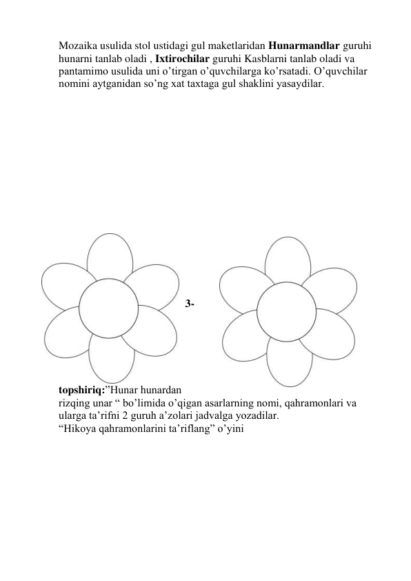 Mozaika usulida stol ustidagi gul maketlaridan Hunarmandlar guruhi 
hunarni tanlab oladi , Ixtirochilar guruhi Kasblarni tanlab oladi va 
pantamimo usulida uni o’tirgan o’quvchilarga ko’rsatadi. O’quvchilar 
nomini aytganidan so’ng xat taxtaga gul shaklini yasaydilar. 
 
 
 
 
 
 
 
 
 
 
 
 
 
 
 
 
3-
topshiriq:”Hunar hunardan 
rizqing unar “ bo’limida o’qigan asarlarning nomi, qahramonlari va 
ularga ta’rifni 2 guruh a’zolari jadvalga yozadilar. 
“Hikoya qahramonlarini ta’riflang” o’yini  
 
 
 
