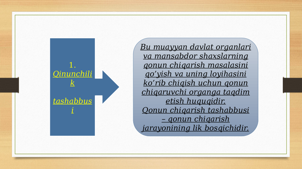 1. 
Qinunchili
k
 
tashabbus
i
Bu muayyan davlat organlari 
va mansabdor shaxslarning 
qonun chiqarish masalasini 
qo’yish va uning loyihasini 
ko’rib chiqish uchun qonun 
chiqaruvchi organga taqdim 
etish huquqidir.
Qonun chiqarish tashabbusi 
– qonun chiqarish 
jarayonining lik bosqichidir.
