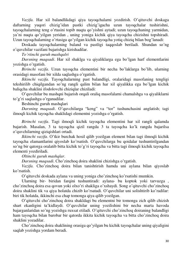 30 
 
Vazifa. Har xil balandlikdagi qiya tayoqchalarni yozdirish. O’qituvchi doskaga 
daftarning yuqori chizig’idan pastki chizig’igacha uzun tayoqchalar tushirishni, 
tayoqchalarning teng o’rtasini topib nuqta qo’yishni aytadi; uzun tayoqchaning yarmidan, 
ya’ni nuqta qo’yilgan yeridan , uning yoniga kichik qiya tayoqcha chizishni topshiradi. 
Uzun tayoqchalarning o’rtasiga qo’yilgan kichik tayoqcha yotiq chiziq bilan bog’lanadi: 
Doskada tayoqchalarning baland va pastligi taqqoslab beriladi. Shundan so’ng 
o’quvchilar vazifani bajarishga kirishadilar. 
To’rtinchi guruh mashqalri 
Darsning maqsadi. Har xil shaklga va qiyaliklarga ega bo’lgan harf elementlarini 
yozishga o’rgatish. 
Birinchi vazifa. Uzun tayoqcha elementini bir necha bo’laklarga bo’lib, ularning 
orasidagi masofani bir xilda saqlashga o’rgatish. 
Ikkinchi vazifa. Tayoqchalarning past balandligi, oralaridagi masofaning tengligi 
tekshirilib chiqilgandan so’ng rangli qalim bilan har xil qiyalikka ega bo’lgan kichik 
baliqcha shaklini ifodolovchi chiziqlar chiziladi: 
O’quvchilar bu mashqni bajarish orqali oraliq masofalarni chamalshga va qiyaliklarni 
to’g’ri saqlashga o’rganadilar. 
Beshinchi guruh mashqlari 
Darsning maqsadi. O’quvchilarga “keng” va “tor” tushunchasini anglatish; tagi 
ilmoqli kichik tayoqcha shaklidagi elementni yozishga o’rgatish. 
Birinchi vazifa. Tagi ilmoqli kichik tayoqcha elementini har xil rangli qalamda 
bajarish. Masalan, 3 ta tayoqcha qizil rangda 3 ta tayoqcha ko’k rangda bajarilsa 
o’quvchilarning qiziqishlari ortadi. 
Ikkinchi vazifa. O’tkir burchak hosil qilib yozilgan element bilan tagi ilmoqli kichik 
tayoqcha elamantlarini qiyoslab ko’rsatish. O’quvchilarga bu qoidalar tushuntirilgandan 
so’ng bir qatorga oralatib bitta kichik to’g’ri tayoqcha va bitta tagi ilmoqli kichik tayoqcha 
elementi yozdiriladi. 
Oltinchi guruh mashqlar. 
Darsning maqsadi. Cho’zinchoq doira shaklini chizishga o’rgatish. 
Vazifa. Cho’zinchoq doira bilan tanishtirish hamda uni aylana bilan qiyoslab 
ko’rsatish. 
O’qituvchi doskada aylana va uning yoniga cho’zinchoq ko’rsatishi mumkin. 
Ularning bir- biridan farqini tushuntiradi: aylana- bu koptok yoki tarvuzga , 
cho’zinchoq doira esa qovun yoki olxo’ri shakliga o’xshaydi. Song o’qituvchi cho’zinchoq 
doira shaklini tik va qiya holatda chizib ko’rsatadi. O’quvchilar uni solishtirib ko’radilar: 
biri tik holatda, ikkinchi esa chap tomonga qiya qilib yozilgan. 
O’qituvchi cho’zinchoq doira shakldagi bu elementni bir tomonga zich qilib chizish 
shart ekanligini ta’kidlaydi. O’quvchilar uning yozilishini bir necha marta havoda 
bajarganlaridan so’ng yozishga ruxsat etiladi. O’qituvchi cho’zinchoq doiraning balandligi 
ham tayoqcha bilan barobar bir qatorda ikkita kichik tayoqcha va bitta cho’zinchoq doira 
shaklini yozadilar. 
Cho’zinchoq doira shaklining orasiga qo’yilgan bu kichik tayoqchalar uning qiyaligini 
saqlab yozishga yordam beradi. 
 
