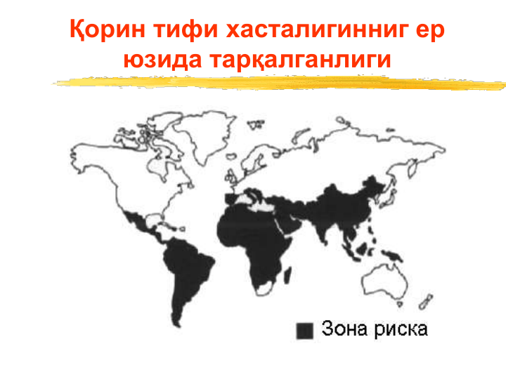 Қорин тифи хасталигинниг ер 
юзида тарқалганлиги
