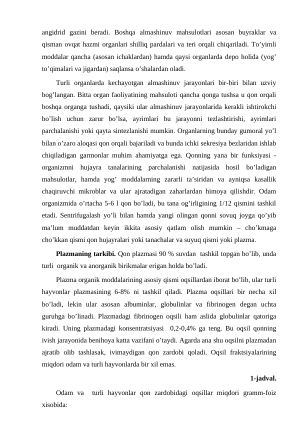 angidrid  gazini  beradi.  Boshqa  almashinuv  mahsulotlari  asosan  buyraklar  va
qisman ovqat hazmi organlari shilliq pardalari va teri orqali chiqariladi. To’yimli
moddalar qancha (asosan ichaklardan) hamda qaysi organlarda depo holida (yog’
to’qimalari va jigardan) saqlansa o’shalardan oladi.
Turli  organlarda  kechayotgan  almashinuv  jarayonlari  bir-biri  bilan  uzviy
bog’langan. Bitta organ faoliyatining mahsuloti qancha qonga tushsa u qon orqali
boshqa organga tushadi, qaysiki ular almashinuv jarayonlarida kerakli ishtirokchi
bo’lish  uchun  zarur  bo’lsa,  ayrimlari  bu  jarayonni  tezlashtirishi,  ayrimlari
parchalanishi yoki qayta sintezlanishi mumkin. Organlarning bunday gumoral yo’l
bilan o’zaro aloqasi qon orqali bajariladi va bunda ichki sekresiya bezlaridan ishlab
chiqiladigan garmonlar muhim ahamiyatga ega. Qonning yana bir funksiyasi -
organizmni  hujayra  tanalarining  parchalanishi  natijasida  hosil  bo’ladigan
mahsulotlar,  hamda  yog’  moddalarning  zararli  ta’siridan  va  ayniqsa  kasallik
chaqiruvchi mikroblar va ular ajratadigan zaharlardan himoya qilishdir. Odam
organizmida o’rtacha 5-6 l qon bo’ladi, bu tana og’irligining 1/12 qismini tashkil
etadi. Sentrifugalash yo’li bilan hamda yangi olingan qonni sovuq joyga qo’yib
ma’lum  muddatdan  keyin  ikkita  asosiy  qatlam  olish  mumkin  –  cho’kmaga
cho’kkan qismi qon hujayralari yoki tanachalar va suyuq qismi yoki plazma.
Plazmaning tarkibi. Qon plazmasi 90 % suvdan  tashkil topgan bo’lib, unda
turli  organik va anorganik birikmalar erigan holda bo’ladi. 
Plazma organik moddalarining asosiy qismi oqsillardan iborat bo’lib, ular turli
hayvonlar plazmasining 6-8% ni tashkil qiladi. Plazma oqsillari bir necha xil
bo’ladi,  lekin  ular  asosan  albuminlar,  globulinlar  va  fibrinogen  degan  uchta
guruhga bo’linadi. Plazmadagi fibrinogen oqsili ham aslida globulinlar qatoriga
kiradi. Uning plazmadagi konsentratsiyasi  0,2-0,4% ga teng. Bu oqsil qonning
ivish jarayonida benihoya katta vazifani o’taydi. Agarda ana shu oqsilni plazmadan
ajratib  olib  tashlasak,  ivimaydigan  qon zardobi  qoladi.  Oqsil  fraktsiyalarining
miqdori odam va turli hayvonlarda bir xil emas. 
1-jadval.
Odam  va   turli  hayvonlar  qon  zardobidagi  oqsillar  miqdori  gramm-foiz
xisobida:
