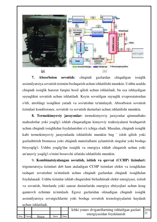 21 
 
Izm. Varoq 
 
Hujjat 
 № 
Imzo 
 
Sana 
 
Varoq 
 
   
Ichki yonuv dvigatellarining ishlatilgan gazlari 
energiyasidan foydalanish 
 
 
7. 
Absorbsion 
sovutish: 
chiqindi 
gazlardan 
chiqadigan 
issiqlik 
assimilyatsiya sovutish tizimini boshqarish uchun ishlatilishi mumkin. Ushbu usulda 
chiqindi issiqlik harorat farqini hosil qilish uchun ishlatiladi, bu esa ishlaydigan 
suyuqlikni sovutish uchun ishlatiladi. Keyin sovutilgan suyuqlik evaporatatordan 
o'tib, atrofdagi issiqlikni yutadi va sovutishni ta'minlaydi. Absorbsion sovutish 
tizimlari konditsioner, sovutish va sovutish dasturlari uchun ishlatilishi mumkin. 
8. Termokimyoviy jarayonlar: termokimyoviy jarayonlar qimmatbaho 
mahsulotlar yoki yoqilg'i ishlab chiqaradigan kimyoviy reaktsiyalarni boshqarish 
uchun chiqindi issiqlikdan foydalanishni o'z ichiga oladi. Masalan, chiqindi issiqlik 
kabi termokimyoviy jarayonlarda ishlatilishi mumkin bug ' isloh qilish yoki 
gazlashtirish biomassa yoki chiqindi materiallarni aylantirish singalar yoki boshqa 
bioyoqilg'i. Ushbu yoqilg'ilar issiqlik va energiya ishlab chiqarish uchun yoki 
an'anaviy yoqilg'i o'rnini bosuvchi sifatida ishlatilishi mumkin. 
9. Kombinatsiyalangan sovutish, isitish va quvvat (CCHP) tizimlari: 
trigeneratsiya tizimlari deb ham ataladigan CCHP tizimlari elektr va issiqlikdan 
tashqari sovutishni ta'minlash uchun chiqindi gazlardan chiqindi issiqlikdan 
foydalanadi. Ushbu tizimlar ishlab chiqarishni birlashtiradi elektr energiyasi, isitish 
va sovutish, binolarda yoki sanoat dasturlarida energiya ehtiyojlari uchun keng 
qamrovli echimni ta'minlash. Egzoz gazlaridan olinadigan chiqindi issiqlik 
assimilyatsiya sovutgichlarini yoki boshqa sovutish texnologiyalarini haydash 
uchun ishlatiladi. 
