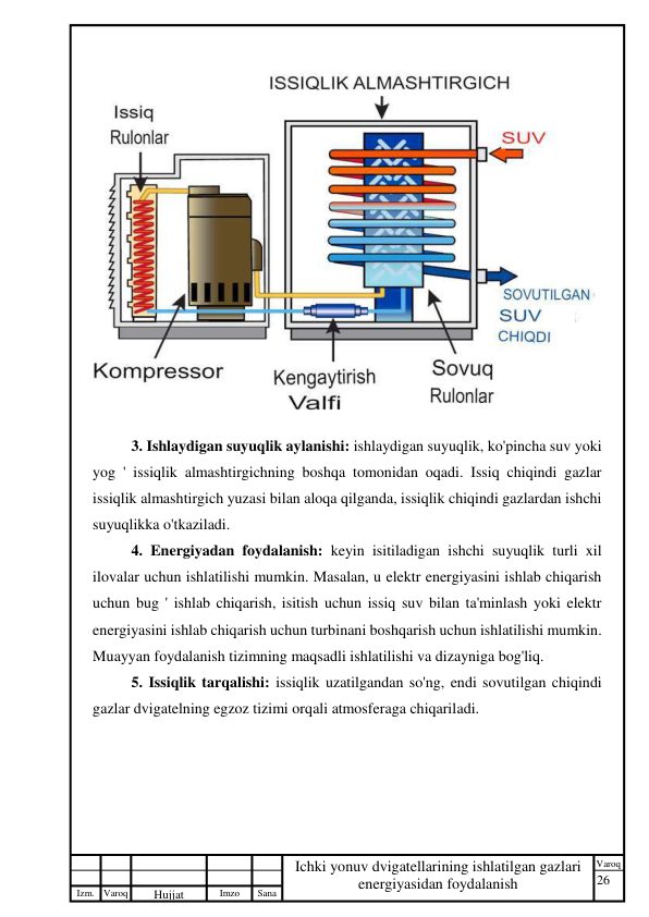 26 
 
Izm. Varoq 
 
Hujjat 
 № 
Imzo 
 
Sana 
 
Varoq 
 
   
Ichki yonuv dvigatellarining ishlatilgan gazlari 
energiyasidan foydalanish 
 
 
3. Ishlaydigan suyuqlik aylanishi: ishlaydigan suyuqlik, ko'pincha suv yoki 
yog ' issiqlik almashtirgichning boshqa tomonidan oqadi. Issiq chiqindi gazlar 
issiqlik almashtirgich yuzasi bilan aloqa qilganda, issiqlik chiqindi gazlardan ishchi 
suyuqlikka o'tkaziladi. 
4. Energiyadan foydalanish: keyin isitiladigan ishchi suyuqlik turli xil 
ilovalar uchun ishlatilishi mumkin. Masalan, u elektr energiyasini ishlab chiqarish 
uchun bug ' ishlab chiqarish, isitish uchun issiq suv bilan ta'minlash yoki elektr 
energiyasini ishlab chiqarish uchun turbinani boshqarish uchun ishlatilishi mumkin. 
Muayyan foydalanish tizimning maqsadli ishlatilishi va dizayniga bog'liq. 
5. Issiqlik tarqalishi: issiqlik uzatilgandan so'ng, endi sovutilgan chiqindi 
gazlar dvigatelning egzoz tizimi orqali atmosferaga chiqariladi. 
