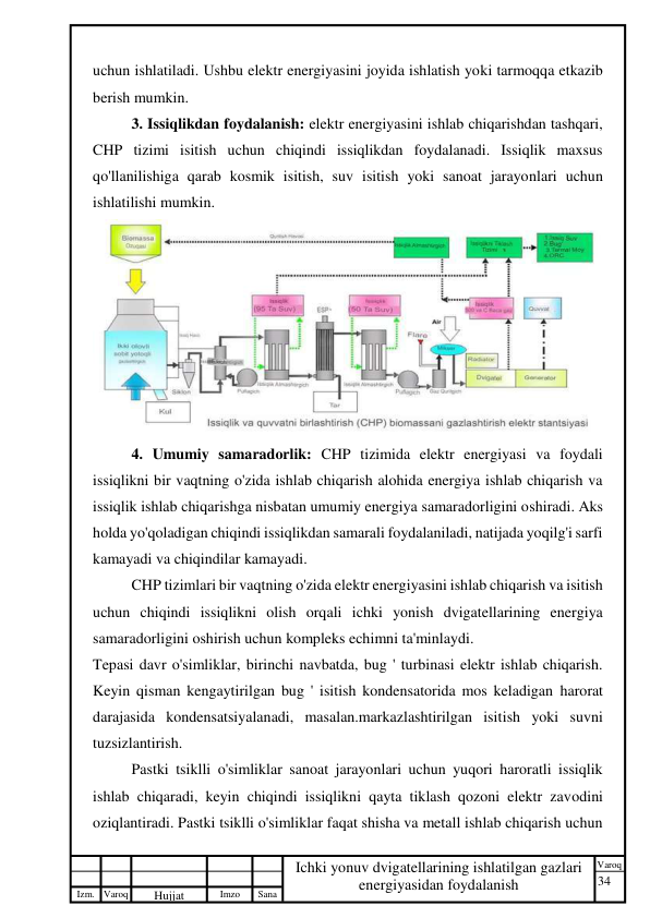 34 
 
Izm. Varoq 
 
Hujjat 
 № 
Imzo 
 
Sana 
 
Varoq 
 
   
Ichki yonuv dvigatellarining ishlatilgan gazlari 
energiyasidan foydalanish 
 
uchun ishlatiladi. Ushbu elektr energiyasini joyida ishlatish yoki tarmoqqa etkazib 
berish mumkin. 
3. Issiqlikdan foydalanish: elektr energiyasini ishlab chiqarishdan tashqari, 
CHP tizimi isitish uchun chiqindi issiqlikdan foydalanadi. Issiqlik maxsus 
qo'llanilishiga qarab kosmik isitish, suv isitish yoki sanoat jarayonlari uchun 
ishlatilishi mumkin. 
 
4. Umumiy samaradorlik: CHP tizimida elektr energiyasi va foydali 
issiqlikni bir vaqtning o'zida ishlab chiqarish alohida energiya ishlab chiqarish va 
issiqlik ishlab chiqarishga nisbatan umumiy energiya samaradorligini oshiradi. Aks 
holda yo'qoladigan chiqindi issiqlikdan samarali foydalaniladi, natijada yoqilg'i sarfi 
kamayadi va chiqindilar kamayadi. 
CHP tizimlari bir vaqtning o'zida elektr energiyasini ishlab chiqarish va isitish 
uchun chiqindi issiqlikni olish orqali ichki yonish dvigatellarining energiya 
samaradorligini oshirish uchun kompleks echimni ta'minlaydi. 
Tepasi davr o'simliklar, birinchi navbatda, bug ' turbinasi elektr ishlab chiqarish. 
Keyin qisman kengaytirilgan bug ' isitish kondensatorida mos keladigan harorat 
darajasida kondensatsiyalanadi, masalan.markazlashtirilgan isitish yoki suvni 
tuzsizlantirish. 
Pastki tsiklli o'simliklar sanoat jarayonlari uchun yuqori haroratli issiqlik 
ishlab chiqaradi, keyin chiqindi issiqlikni qayta tiklash qozoni elektr zavodini 
oziqlantiradi. Pastki tsiklli o'simliklar faqat shisha va metall ishlab chiqarish uchun 
