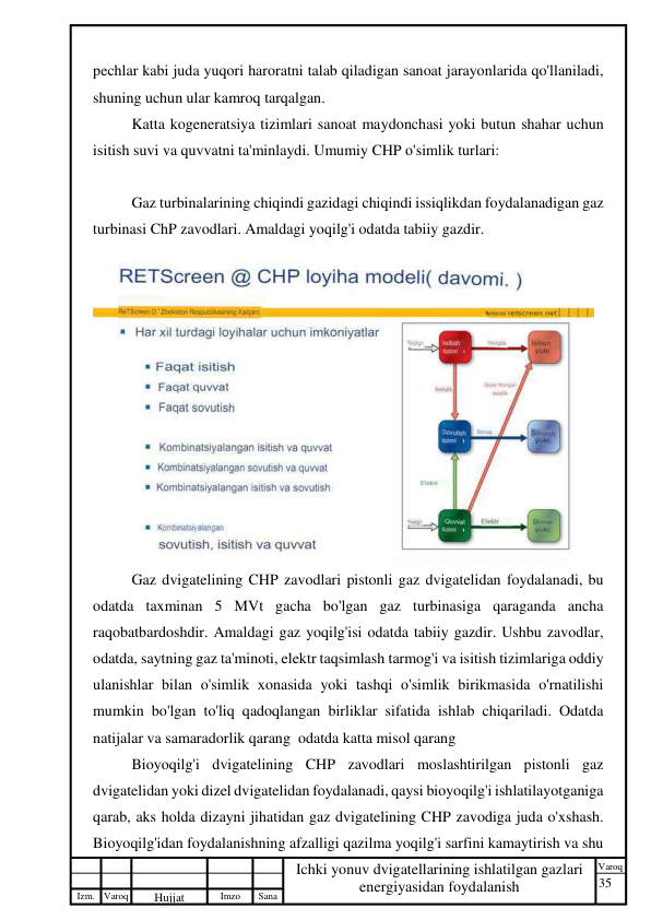 35 
 
Izm. Varoq 
 
Hujjat 
 № 
Imzo 
 
Sana 
 
Varoq 
 
   
Ichki yonuv dvigatellarining ishlatilgan gazlari 
energiyasidan foydalanish 
 
pechlar kabi juda yuqori haroratni talab qiladigan sanoat jarayonlarida qo'llaniladi, 
shuning uchun ular kamroq tarqalgan. 
Katta kogeneratsiya tizimlari sanoat maydonchasi yoki butun shahar uchun 
isitish suvi va quvvatni ta'minlaydi. Umumiy CHP o'simlik turlari: 
 
Gaz turbinalarining chiqindi gazidagi chiqindi issiqlikdan foydalanadigan gaz 
turbinasi ChP zavodlari. Amaldagi yoqilg'i odatda tabiiy gazdir. 
 
Gaz dvigatelining CHP zavodlari pistonli gaz dvigatelidan foydalanadi, bu 
odatda taxminan 5 MVt gacha bo'lgan gaz turbinasiga qaraganda ancha 
raqobatbardoshdir. Amaldagi gaz yoqilg'isi odatda tabiiy gazdir. Ushbu zavodlar, 
odatda, saytning gaz ta'minoti, elektr taqsimlash tarmog'i va isitish tizimlariga oddiy 
ulanishlar bilan o'simlik xonasida yoki tashqi o'simlik birikmasida o'rnatilishi 
mumkin bo'lgan to'liq qadoqlangan birliklar sifatida ishlab chiqariladi. Odatda 
natijalar va samaradorlik qarang  odatda katta misol qarang  
Bioyoqilg'i dvigatelining CHP zavodlari moslashtirilgan pistonli gaz 
dvigatelidan yoki dizel dvigatelidan foydalanadi, qaysi bioyoqilg'i ishlatilayotganiga 
qarab, aks holda dizayni jihatidan gaz dvigatelining CHP zavodiga juda o'xshash. 
Bioyoqilg'idan foydalanishning afzalligi qazilma yoqilg'i sarfini kamaytirish va shu 
