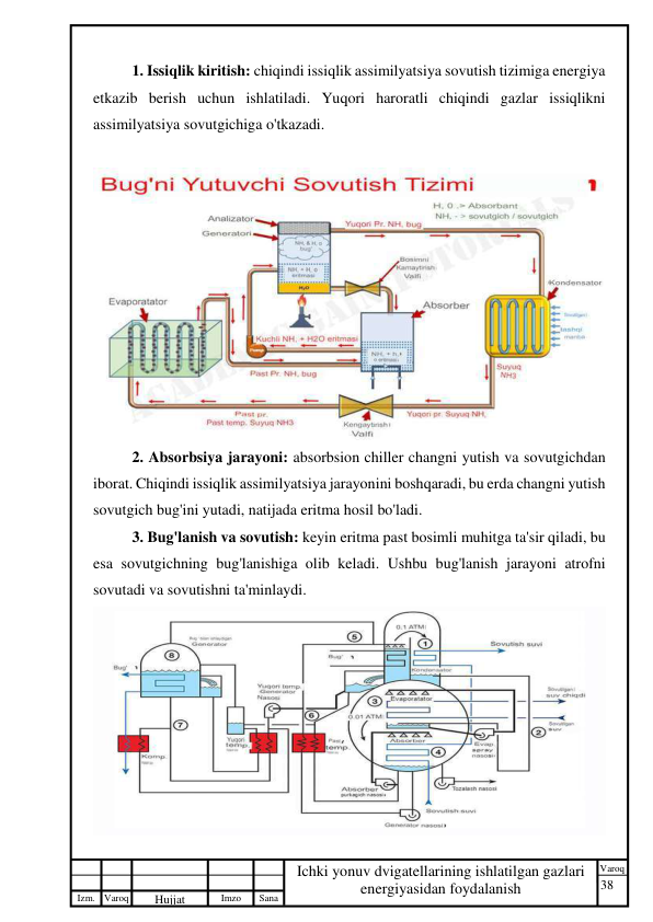 38 
 
Izm. Varoq 
 
Hujjat 
 № 
Imzo 
 
Sana 
 
Varoq 
 
   
Ichki yonuv dvigatellarining ishlatilgan gazlari 
energiyasidan foydalanish 
 
1. Issiqlik kiritish: chiqindi issiqlik assimilyatsiya sovutish tizimiga energiya 
etkazib berish uchun ishlatiladi. Yuqori haroratli chiqindi gazlar issiqlikni 
assimilyatsiya sovutgichiga o'tkazadi. 
 
 
2. Absorbsiya jarayoni: absorbsion chiller changni yutish va sovutgichdan 
iborat. Chiqindi issiqlik assimilyatsiya jarayonini boshqaradi, bu erda changni yutish 
sovutgich bug'ini yutadi, natijada eritma hosil bo'ladi. 
3. Bug'lanish va sovutish: keyin eritma past bosimli muhitga ta'sir qiladi, bu 
esa sovutgichning bug'lanishiga olib keladi. Ushbu bug'lanish jarayoni atrofni 
sovutadi va sovutishni ta'minlaydi. 
 
