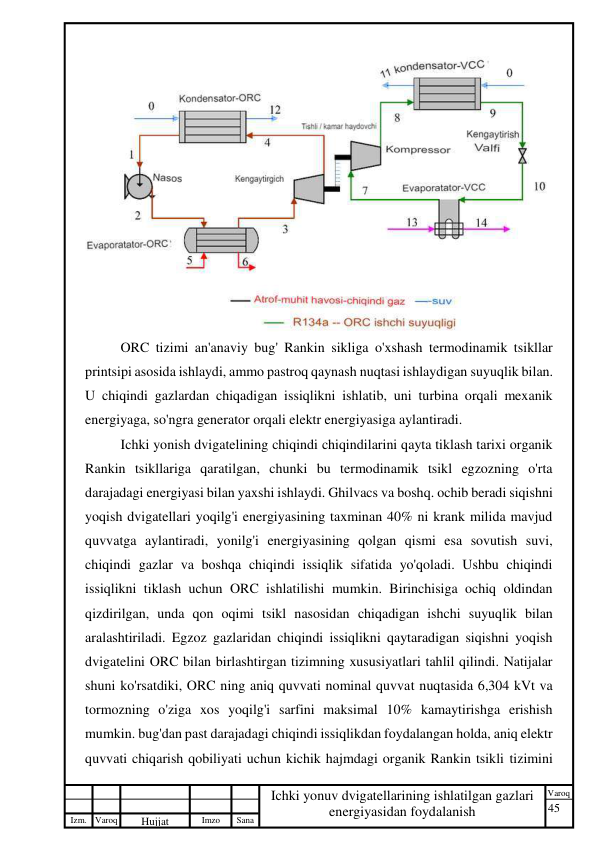 45 
 
Izm. Varoq 
 
Hujjat 
 № 
Imzo 
 
Sana 
 
Varoq 
 
   
Ichki yonuv dvigatellarining ishlatilgan gazlari 
energiyasidan foydalanish 
 
 
ORC tizimi an'anaviy bug' Rankin sikliga o'xshash termodinamik tsikllar 
printsipi asosida ishlaydi, ammo pastroq qaynash nuqtasi ishlaydigan suyuqlik bilan. 
U chiqindi gazlardan chiqadigan issiqlikni ishlatib, uni turbina orqali mexanik 
energiyaga, so'ngra generator orqali elektr energiyasiga aylantiradi. 
Ichki yonish dvigatelining chiqindi chiqindilarini qayta tiklash tarixi organik 
Rankin tsikllariga qaratilgan, chunki bu termodinamik tsikl egzozning o'rta 
darajadagi energiyasi bilan yaxshi ishlaydi. Ghilvacs va boshq. ochib beradi siqishni 
yoqish dvigatellari yoqilg'i energiyasining taxminan 40% ni krank milida mavjud 
quvvatga aylantiradi, yonilg'i energiyasining qolgan qismi esa sovutish suvi, 
chiqindi gazlar va boshqa chiqindi issiqlik sifatida yo'qoladi. Ushbu chiqindi 
issiqlikni tiklash uchun ORC ishlatilishi mumkin. Birinchisiga ochiq oldindan 
qizdirilgan, unda qon oqimi tsikl nasosidan chiqadigan ishchi suyuqlik bilan 
aralashtiriladi. Egzoz gazlaridan chiqindi issiqlikni qaytaradigan siqishni yoqish 
dvigatelini ORC bilan birlashtirgan tizimning xususiyatlari tahlil qilindi. Natijalar 
shuni ko'rsatdiki, ORC ning aniq quvvati nominal quvvat nuqtasida 6,304 kVt va 
tormozning o'ziga xos yoqilg'i sarfini maksimal 10% kamaytirishga erishish 
mumkin. bug'dan past darajadagi chiqindi issiqlikdan foydalangan holda, aniq elektr 
quvvati chiqarish qobiliyati uchun kichik hajmdagi organik Rankin tsikli tizimini 
