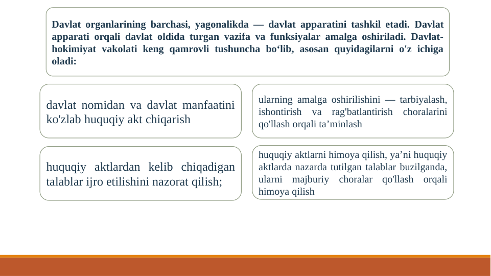 Davlat organlarining barchasi, yagonalikda — davlat apparatini tashkil etadi. Davlat 
apparati orqali davlat oldida turgan vazifa va funksiyalar amalga oshiriladi. Davlat-
hokimiyat vakolati keng qamrovli tushuncha bo‘lib, asosan quyidagilarni o'z ichiga 
oladi: 
davlat nomidan va davlat manfaatini 
ko'zlab huquqiy akt chiqarish
huquqiy aktlardan kelib chiqadigan 
talablar ijro etilishini nazorat qilish; 
huquqiy aktlarni himoya qilish, ya’ni huquqiy 
aktlarda nazarda tutilgan talablar buzilganda, 
ularni majburiy choralar qo'llash orqali 
himoya qilish
ularning amalga oshirilishini — tarbiyalash, 
ishontirish va rag'batlantirish choralarini 
qo'llash orqali ta’minlash
