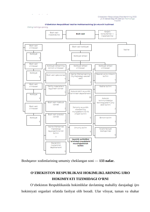 Boshqaruv xodimlarining umumiy cheklangan soni — 133 nafar.
OʻZBEKISTON RESPUBLIKASI HOKIMLIKLARINING IJRO
HOKIMIYATI TIZIMIDAGI O‘RNI
Oʻzbekiston Respublikasida hokimliklar davlatning mahalliy darajadagi ijro
hokimiyati organlari sifatida faoliyat olib boradi. Ular viloyat, tuman va shahar
