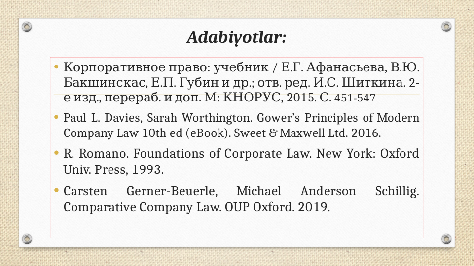 Adabiyotlar:
•
 
: 
 / . . 
, .
. 
Корпоративное право учебник
Е Г Афанасьева В Ю
, .
. 
  
.; 
. 
. 
. . 
. 2-
Бакшинскас Е П Губин и др отв ред И С Шиткина
 
., 
.  
. 
: 
е изд перераб и доп М КНОРУС, 2015. .
С  451-547
• Paul L. Davies, Sarah Worthington. Gower’s Principles of Modern 
Company Law 10th ed (eBook). Sweet & Maxwell Ltd. 2016. 
• R. Romano. Foundations of Corporate Law. New York: Oxford 
Univ. Press, 1993.
• Carsten 
Gerner-Beuerle, 
Michael 
Anderson 
Schillig. 
Comparative Company Law. OUP Oxford. 2019.
