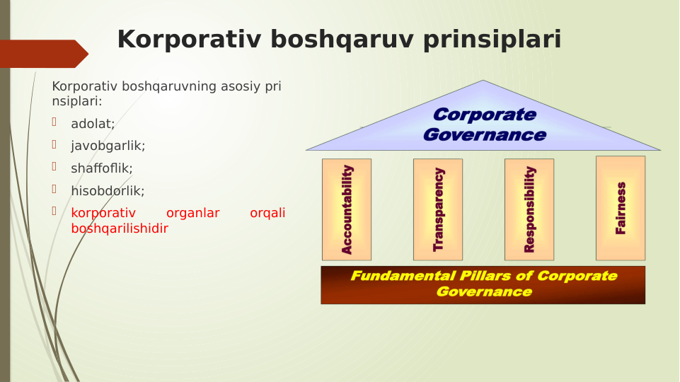 Korporativ boshqaruv prinsiplari
Korporativ boshqaruvning asosiy pri
nsiplari:

adolat;

javobgarlik;

shaffoflik;

hisobdorlik;

korporativ 
organlar 
orqali 
boshqarilishidir
