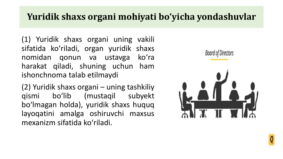 Yuridik shaxs organi mohiyati boʻyicha yondashuvlar
(1) Yuridik shaxs organi uning vakili
sifatida koʻriladi, organ yuridik shaxs
nomidan
qonun
va
ustavga
koʻra
harakat qiladi, shuning uchun ham
ishonchnoma talab etilmaydi
(2) Yuridik shaxs organi – uning tashkiliy
qismi
boʻlib
(mustaqil
subyekt
boʻlmagan holda), yuridik shaxs huquq
layoqatini amalga oshiruvchi maxsus
mexanizm sifatida koʻriladi.
