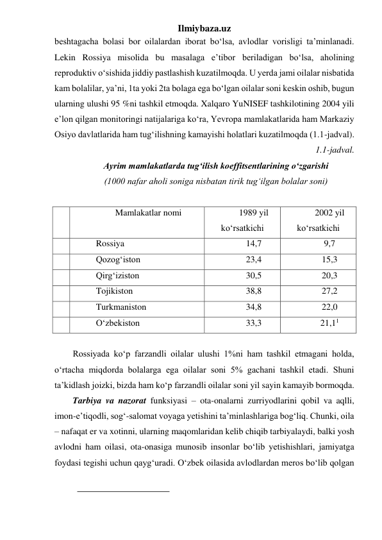 Ilmiybaza.uz 
beshtagacha bolasi bor oilalardan iborat bo‘lsa, avlodlar vorisligi ta’minlanadi. 
Lekin Rossiya misolida bu masalaga e’tibor beriladigan bo‘lsa, aholining 
reproduktiv o‘sishida jiddiy pastlashish kuzatilmoqda. U yerda jami oilalar nisbatida 
kam bolalilar, ya’ni, 1ta yoki 2ta bolaga ega bo‘lgan oilalar soni keskin oshib, bugun 
ularning ulushi 95 %ni tashkil etmoqda. Xalqaro YuNISEF tashkilotining 2004 yili 
e’lon qilgan monitoringi natijalariga ko‘ra, Yevropa mamlakatlarida ham Markaziy 
Osiyo davlatlarida ham tug‘ilishning kamayishi holatlari kuzatilmoqda (1.1-jadval). 
1.1-jadval. 
Ayrim mamlakatlarda tug‘ilish koeffitsentlarining o‘zgarishi  
(1000 nafar aholi soniga nisbatan tirik tug‘ilgan bolalar soni) 
 
№ 
Mamlakatlar nomi 
1989 yil 
ko‘rsatkichi 
2002 yil 
ko‘rsatkichi 
1 
Rossiya 
14,7 
9,7 
2 
Qozog‘iston 
23,4 
15,3 
3 
Qirg‘iziston 
30,5 
20,3 
4 
Tojikiston 
38,8 
27,2 
5 
Turkmaniston 
34,8 
22,0 
6 
O‘zbekiston 
33,3 
21,11 
 
Rossiyada ko‘p farzandli oilalar ulushi 1%ni ham tashkil etmagani holda, 
o‘rtacha miqdorda bolalarga ega oilalar soni 5% gachani tashkil etadi. Shuni 
ta’kidlash joizki, bizda ham ko‘p farzandli oilalar soni yil sayin kamayib bormoqda. 
Tarbiya va nazorat funksiyasi – ota-onalarni zurriyodlarini qobil va aqlli, 
imon-e’tiqodli, sog‘-salomat voyaga yetishini ta’minlashlariga bog‘liq. Chunki, oila 
– nafaqat er va xotinni, ularning maqomlaridan kelib chiqib tarbiyalaydi, balki yosh 
avlodni ham oilasi, ota-onasiga munosib insonlar bo‘lib yetishishlari, jamiyatga 
foydasi tegishi uchun qayg‘uradi. O‘zbek oilasida avlodlardan meros bo‘lib qolgan 
                                        
 
