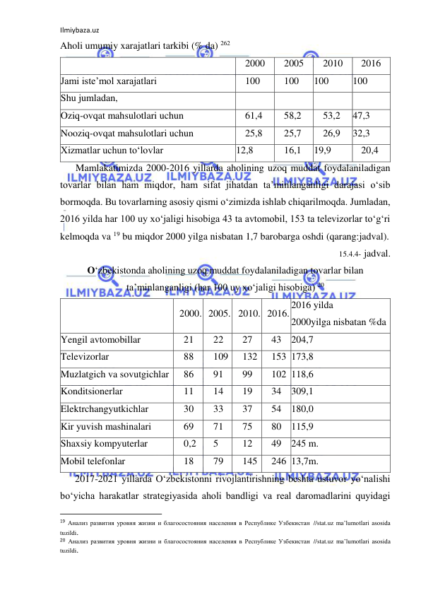 Ilmiybaza.uz 
 
Aholi umumiy xarajatlari tarkibi (% da) 262 
 
2000 
2005 
2010 
2016 
Jami iste’mol xarajatlari 
100 
100 
100 
100 
Shu jumladan, 
 
 
 
 
Oziq-ovqat mahsulotlari uchun 
61,4 
58,2 
53,2 
47,3 
Nooziq-ovqat mahsulotlari uchun 
25,8 
25,7 
26,9 
32,3 
Xizmatlar uchun to‘lovlar 
12,8 
16,1 
19,9 
20,4 
Mamlakatimizda 2000-2016 yillarda aholining uzoq muddat foydalaniladigan 
tovarlar bilan ham miqdor, ham sifat jihatdan ta’minlanganligi darajasi o‘sib 
bormoqda. Bu tovarlarning asosiy qismi o‘zimizda ishlab chiqarilmoqda. Jumladan, 
2016 yilda har 100 uy xo‘jaligi hisobiga 43 ta avtomobil, 153 ta televizorlar to‘g‘ri 
kelmoqda va 19 bu miqdor 2000 yilga nisbatan 1,7 barobarga oshdi (qarang:jadval). 
15.4.4- jadval. 
O‘zbekistonda aholining uzoq muddat foydalaniladigan tovarlar bilan 
ta’minlanganligi (har 100 uy xo‘jaligi hisobiga) 20 
 
2000. 2005. 2010. 2016. 
2016 yilda  
2000yilga nisbatan %da 
Yengil avtomobillar 
21 
22 
27 
43 204,7 
Televizorlar 
88 
109 
132 
153 173,8 
Muzlatgich va sovutgichlar 
86 
91 
99 
102 118,6 
Konditsionerlar 
11 
14 
19 
34 309,1 
Elektrchangyutkichlar 
30 
33 
37 
54 180,0 
Kir yuvish mashinalari 
69 
71 
75 
80 115,9 
Shaxsiy kompyuterlar 
0,2 
5 
12 
49 245 m. 
Mobil telefonlar 
18 
79 
145 
246 13,7m. 
2017-2021 yillarda O‘zbekistonni rivojlantirishning beshta ustuvor yo‘nalishi 
bo‘yicha harakatlar strategiyasida aholi bandligi va real daromadlarini quyidagi 
                                                           
19 Анализ развития уровня жизни и благосостояния населения в Республике Узбекистан //stat.uz ma’lumotlari asosida 
tuzildi. 
20 Анализ развития уровня жизни и благосостояния населения в Республике Узбекистан //stat.uz ma’lumotlari asosida 
tuzildi. 
