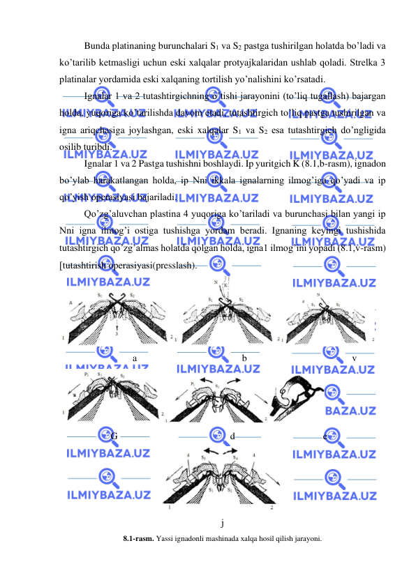  
 
Bunda platinaning burunchalari S1 va S2 pastga tushirilgan holatda bo’ladi va 
ko’tarilib ketmasligi uchun eski xalqalar protyajkalaridan ushlab qoladi. Strelka 3 
platinalar yordamida eski xalqaning tortilish yo’nalishini ko’rsatadi. 
Ignalar 1 va 2 tutashtirgichning o’tishi jarayonini (to’liq tugallash) bajargan 
holda, yuqoriga ko’tarilishda davom etadi, tutashtirgich to’liq pastga tushirilgan va 
igna ariqchasiga joylashgan, eski xalqalar S1 va S2 esa tutashtirgich do’ngligida 
osilib turibdi. 
Ignalar 1 va 2 Pastga tushishni boshlaydi. Ip yuritgich K (8.1,b-rasm), ignadon 
bo’ylab harakatlangan holda, ip Nni ikkala ignalarning ilmog’iga qo’yadi va ip 
qo’yish operasiyasi bajariladi.  
Qo’zg’aluvchan plastina 4 yuqoriga ko’tariladi va burunchasi bilan yangi ip 
Nni igna ilmog’i ostiga tushishga yordam beradi. Ignaning keyingi tushishida 
tutashtirgich qo’zg’almas holatda qolgan holda, igna1 ilmog’ini yopadi (8.1,v-rasm) 
tutashtirish operasiyasi(presslash).  
 
                              a                                           b                                           v 
 
                     G                                              d                                    e 
 
j 
8.1-rasm. Yassi ignadonli mashinada xalqa hosil qilish jarayoni. 

