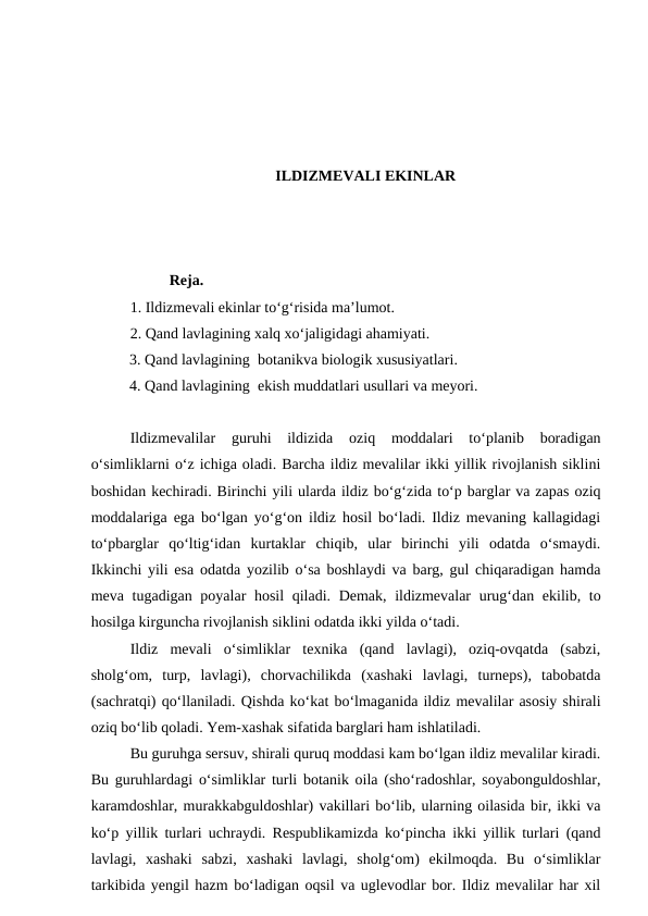 ILDIZMEVALI EKINLAR
Reja.
1. Ildizmevali ekinlar to‘g‘risida ma’lumot. 
2. Qand lavlagining xalq xo‘jaligidagi ahamiyati.
3. Qand lavlagining  botanikva biologik xususiyatlari.
4. Qand lavlagining  ekish muddatlari usullari va meyori. 
Ildizmevalilar  guruhi  ildizida  oziq  moddalari  to‘planib  boradigan
o‘simliklarni o‘z ichiga oladi. Barcha ildiz mevalilar ikki yillik rivojlanish siklini
boshidan kechiradi. Birinchi yili ularda ildiz bo‘g‘zida to‘p barglar va zapas oziq
moddalariga ega bo‘lgan yo‘g‘on ildiz hosil bo‘ladi. Ildiz mevaning kallagidagi
to‘pbarglar  qo‘ltig‘idan  kurtaklar  chiqib,  ular  birinchi  yili  odatda  o‘smaydi.
Ikkinchi yili esa odatda yozilib o‘sa boshlaydi va barg, gul chiqaradigan hamda
meva tugadigan poyalar  hosil  qiladi. Demak, ildizmevalar  urug‘dan ekilib, to
hosilga kirguncha rivojlanish siklini odatda ikki yilda o‘tadi.
Ildiz  mevali  o‘simliklar  texnika  (qand  lavlagi),  oziq-ovqatda  (sabzi,
sholg‘om,  turp,  lavlagi),  chorvachilikda  (xashaki  lavlagi,  turneps),  tabobatda
(sachratqi) qo‘llaniladi. Qishda ko‘kat bo‘lmaganida ildiz mevalilar asosiy shirali
oziq bo‘lib qoladi. Yem-xashak sifatida barglari ham ishlatiladi.
Bu guruhga sersuv, shirali quruq moddasi kam bo‘lgan ildiz mevalilar kiradi.
Bu guruhlardagi o‘simliklar turli botanik oila (sho‘radoshlar, soyabonguldoshlar,
karamdoshlar, murakkabguldoshlar) vakillari bo‘lib, ularning oilasida bir, ikki va
ko‘p yillik turlari uchraydi. Respublikamizda ko‘pincha ikki yillik turlari (qand
lavlagi,  xashaki  sabzi,  xashaki  lavlagi,  sholg‘om)  ekilmoqda.  Bu  o‘simliklar
tarkibida yengil hazm bo‘ladigan oqsil va uglevodlar bor. Ildiz mevalilar har xil
