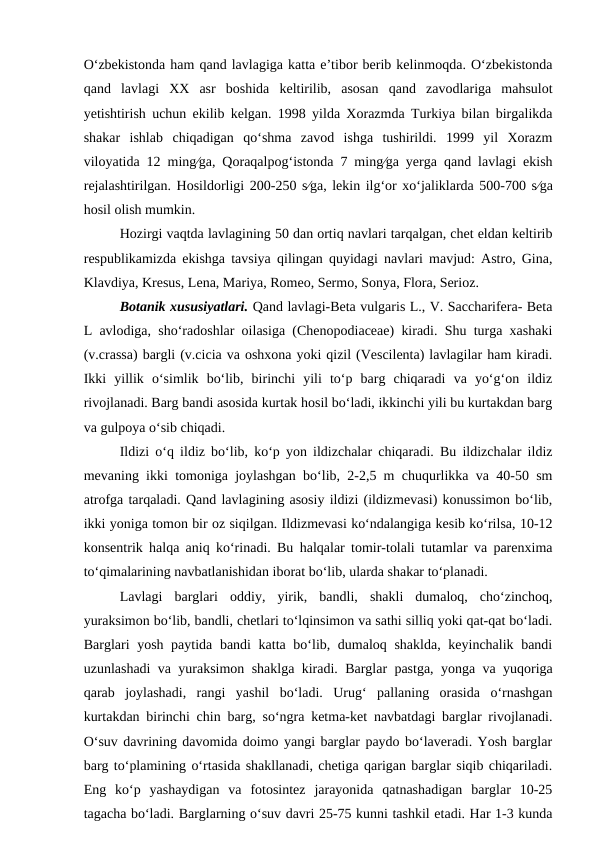 O‘zbekistonda ham qand lavlagiga katta e’tibor berib kelinmoqda. O‘zbekistonda
qand  lavlagi  XX  asr  boshida  keltirilib,  asosan  qand  zavodlariga  mahsulot
yetishtirish uchun ekilib kelgan. 1998 yilda Xorazmda Turkiya bilan birgalikda
shakar  ishlab  chiqadigan  qo‘shma  zavod  ishga  tushirildi.  1999  yil  Xorazm
viloyatida 12 mingga, Qoraqalpog‘istonda 7 mingga yerga qand lavlagi ekish
rejalashtirilgan. Hosildorligi 200-250 sga, lekin ilg‘or xo‘jaliklarda 500-700 sga
hosil olish mumkin.
Hozirgi vaqtda lavlagining 50 dan ortiq navlari tarqalgan, chet eldan keltirib
respublikamizda ekishga tavsiya qilingan quyidagi navlari mavjud: Astro, Gina,
Klavdiya, Kresus, Lena, Mariya, Romeo, Sermo, Sonya, Flora, Serioz.
Botanik xususiyatlari. Qand lavlagi-Beta vulgaris L., V. Saccharifera- Beta
L avlodiga, sho‘radoshlar oilasiga (Chenopodiaceae) kiradi. Shu turga xashaki
(v.crassa) bargli (v.cicia va oshxona yoki qizil (Vescilenta) lavlagilar ham kiradi.
Ikki  yillik  o‘simlik  bo‘lib,  birinchi  yili  to‘p  barg  chiqaradi  va  yo‘g‘on  ildiz
rivojlanadi. Barg bandi asosida kurtak hosil bo‘ladi, ikkinchi yili bu kurtakdan barg
va gulpoya o‘sib chiqadi. 
Ildizi o‘q ildiz bo‘lib, ko‘p yon ildizchalar chiqaradi. Bu ildizchalar ildiz
mevaning ikki tomoniga joylashgan bo‘lib, 2-2,5 m chuqurlikka va 40-50 sm
atrofga tarqaladi. Qand lavlagining asosiy ildizi (ildizmevasi) konussimon bo‘lib,
ikki yoniga tomon bir oz siqilgan. Ildizmevasi ko‘ndalangiga kesib ko‘rilsa, 10-12
konsentrik halqa aniq ko‘rinadi. Bu halqalar tomir-tolali tutamlar va parenxima
to‘qimalarining navbatlanishidan iborat bo‘lib, ularda shakar to‘planadi.
Lavlagi  barglari  oddiy,  yirik,  bandli,  shakli  dumaloq,  cho‘zinchoq,
yuraksimon bo‘lib, bandli, chetlari to‘lqinsimon va sathi silliq yoki qat-qat bo‘ladi.
Barglari yosh paytida bandi  katta bo‘lib, dumaloq shaklda, keyinchalik bandi
uzunlashadi va yuraksimon shaklga kiradi. Barglar pastga, yonga va yuqoriga
qarab  joylashadi,  rangi  yashil  bo‘ladi.  Urug‘  pallaning  orasida  o‘rnashgan
kurtakdan birinchi chin barg, so‘ngra ketma-ket navbatdagi barglar rivojlanadi.
O‘suv davrining davomida doimo yangi barglar paydo bo‘laveradi. Yosh barglar
barg to‘plamining o‘rtasida shakllanadi, chetiga qarigan barglar siqib chiqariladi.
Eng  ko‘p  yashaydigan  va  fotosintez  jarayonida  qatnashadigan  barglar  10-25
tagacha bo‘ladi. Barglarning o‘suv davri 25-75 kunni tashkil etadi. Har 1-3 kunda
