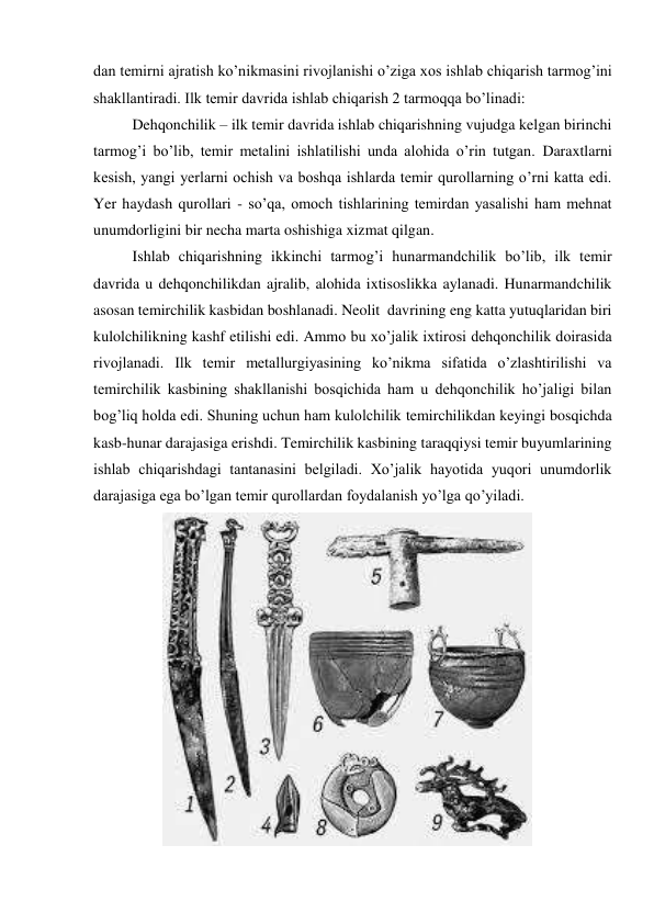 dan temirni ajratish ko’nikmasini rivojlanishi o’ziga xos ishlab chiqarish tarmog’ini 
shakllantiradi. Ilk temir davrida ishlab chiqarish 2 tarmoqqa bo’linadi: 
Dehqonchilik – ilk temir davrida ishlab chiqarishning vujudga kelgan birinchi 
tarmog’i bo’lib, temir metalini ishlatilishi unda alohida o’rin tutgan. Daraxtlarni 
kesish, yangi yerlarni ochish va boshqa ishlarda temir qurollarning o’rni katta edi. 
Yer haydash qurollari - so’qa, omoch tishlarining temirdan yasalishi ham mehnat 
unumdorligini bir necha marta oshishiga xizmat qilgan. 
Ishlab chiqarishning ikkinchi tarmog’i hunarmandchilik bo’lib, ilk temir 
davrida u dehqonchilikdan ajralib, alohida ixtisoslikka aylanadi. Hunarmandchilik 
asosan temirchilik kasbidan boshlanadi. Neolit  davrining eng katta yutuqlaridan biri 
kulolchilikning kashf etilishi edi. Ammo bu xo’jalik ixtirosi dehqonchilik doirasida 
rivojlanadi. Ilk temir metallurgiyasining ko’nikma sifatida o’zlashtirilishi va 
temirchilik kasbining shakllanishi bosqichida ham u dehqonchilik ho’jaligi bilan 
bog’liq holda edi. Shuning uchun ham kulolchilik temirchilikdan keyingi bosqichda 
kasb-hunar darajasiga erishdi. Temirchilik kasbining taraqqiysi temir buyumlarining 
ishlab chiqarishdagi tantanasini belgiladi. Xo’jalik hayotida yuqori unumdorlik 
darajasiga ega bo’lgan temir qurollardan foydalanish yo’lga qo’yiladi. 
 
