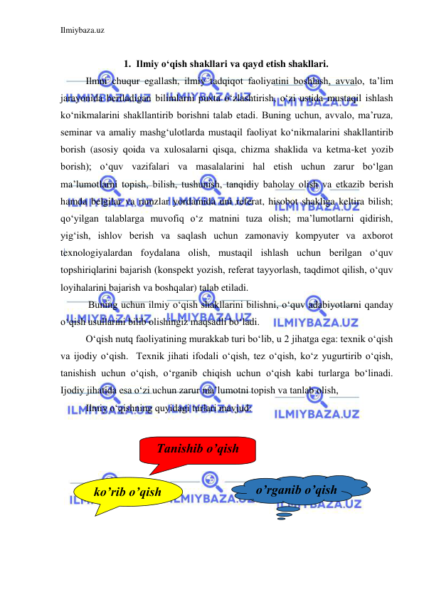 Ilmiybaza.uz 
 
 
1. Ilmiy o‘qish shakllari va qayd etish shakllari. 
Ilmni chuqur egallash, ilmiy tadqiqot faoliyatini boshlash, avvalo, ta’lim 
jarayonida beriladigan bilimlarni puxta o‘zlashtirish, o‘zi ustida mustaqil ishlash 
ko‘nikmalarini shakllantirib borishni talab etadi. Buning uchun, avvalo, ma’ruza, 
seminar va amaliy mashg‘ulotlarda mustaqil faoliyat ko‘nikmalarini shakllantirib 
borish (asosiy qoida va xulosalarni qisqa, chizma shaklida va ketma-ket yozib 
borish); o‘quv vazifalari va masalalarini hal etish uchun zarur bo‘lgan 
ma’lumotlarni topish, bilish, tushunish, tanqidiy baholay olish va etkazib berish 
hamda belgilar va ramzlar yordamida uni referat, hisobot shakliga keltira bilish; 
qo‘yilgan talablarga muvofiq o‘z matnini tuza olish; ma’lumotlarni qidirish, 
yig‘ish, ishlov berish va saqlash uchun zamonaviy kompyuter va axborot 
texnologiyalardan foydalana olish, mustaqil ishlash uchun berilgan o‘quv 
topshiriqlarini bajarish (konspekt yozish, referat tayyorlash, taqdimot qilish, o‘quv 
loyihalarini bajarish va boshqalar) talab etiladi.  
 
 Buning uchun ilmiy o‘qish shakllarini bilishni, o‘quv adabiyotlarni qanday 
o‘qish usullarini bilib olishingiz maqsadli bo‘ladi.  
O‘qish nutq faoliyatining murakkab turi bo‘lib, u 2 jihatga ega: texnik o‘qish 
va ijodiy o‘qish.  Texnik jihati ifodali o‘qish, tez o‘qish, ko‘z yugurtirib o‘qish, 
tanishish uchun o‘qish, o‘rganib chiqish uchun o‘qish kabi turlarga bo‘linadi. 
Ijodiy jihatida esa o‘zi uchun zarur ma’lumotni topish va tanlab olish,  
Ilmiy o‘qishning quyidagi turlari mavjud: 
 
 
 
 
 
 
 
 
ko’rib o’qish 
Tanishib o’qish 
o’rganib o’qish 
