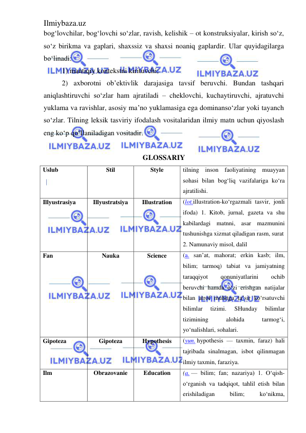 Ilmiybaza.uz 
 
bog‘lovchilar, bog‘lovchi so‘zlar, ravish, kelishik – ot konstruksiyalar, kirish so‘z, 
so‘z birikma va gaplari, shaxssiz va shaxsi noaniq gaplardir. Ular quyidagilarga 
bo‘linadi:  
1) mantiqiy kontekstni kirituvchi;  
2) axborotni ob’ektivlik darajasiga tavsif beruvchi. Bundan tashqari 
aniqlashtiruvchi so‘zlar ham ajratiladi – cheklovchi, kuchaytiruvchi, ajratuvchi 
yuklama va ravishlar, asosiy ma’no yuklamasiga ega dominanso‘zlar yoki tayanch 
so‘zlar. Tilning leksik tasviriy ifodalash vositalaridan ilmiy matn uchun qiyoslash 
eng ko‘p qo‘llaniladigan vositadir.   
 
GLOSSARIY 
Uslub 
Stil 
Style 
tilning inson faoliyatining muayyan 
sohasi bilan bog‘liq vazifalariga koʻra 
ajratilishi.  
Illyustrasiya 
Illyustratsiya 
Illustration 
(lot.illustration-koʻrgazmali tasvir, jonli 
ifoda) 1. Kitob, jurnal, gazeta va shu 
kabilardagi matnni, asar mazmunini 
tushunishga xizmat qiladigan rasm, surat 
2. Namunaviy misol, dalil 
Fan 
Nauka 
Science 
(a. sanʼat, mahorat; erkin kasb; ilm, 
bilim; tarmoq) tabiat va jamiyatning 
taraqqiyot 
qonuniyatlarini 
ochib 
beruvchi hamda oʻzi erishgan natijalar 
bilan atrof muhitga taʼsir koʻrsatuvchi 
bilimlar 
tizimi. 
SHunday 
bilimlar 
tizimining 
alohida 
tarmogʻi, 
yoʻnalishlari, sohalari.  
Gipoteza 
Gipoteza 
Hypothesis 
(yun. hypothesis — taxmin, faraz) hali 
tajribada sinalmagan, isbot qilinmagan 
ilmiy taxmin, faraziya.  
Ilm 
Obrazovanie 
Education 
(a. — bilim; fan; nazariya) 1. Oʻqish-
oʻrganish va tadqiqot, tahlil etish bilan 
erishiladigan 
bilim; 
koʻnikma, 
