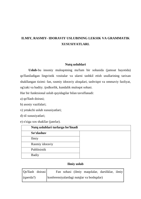 ILMIY, RASMIY- IDORAVIY USLUBINING LEKSIK VA GRAMMATIK
XUSUSIYATLARI.
Nutq uslublari
Uslub-bu  insoniy  muloqotning  ma'lum  bir  sohasida  (jamoat  hayotida)
qo'llaniladigan  lingvistik  vositalar  va  ularni  tashkil  etish  usullarining  tarixan
shakllangan tizimi: fan, rasmiy idoraviy aloqalari, tashviqot va ommaviy faoliyat,
og'zaki va badiiy. ijodkorlik, kundalik muloqot sohasi.
Har bir funktsional uslub quyidagilar bilan tavsiflanadi:
a) qo'llash doirasi;
b) asosiy vazifalari;
v) yetakchi uslub xususiyatlari; 
d) til xususiyatlari;
e) o'ziga xos shakllar (janrlar).
Nutq uslublari turlarga bo'linadi
So‘zlashuv
Ilmiy
Rasmiy idoraviy
Publitsistik 
Badiy
Ilmiy uslub
Qo'llash  doirasi
(qaerda?)
Fan  sohasi  (ilmiy  maqolalar,  darsliklar,  ilmiy
konferensiyalardagi nutqlar va boshqalar)
