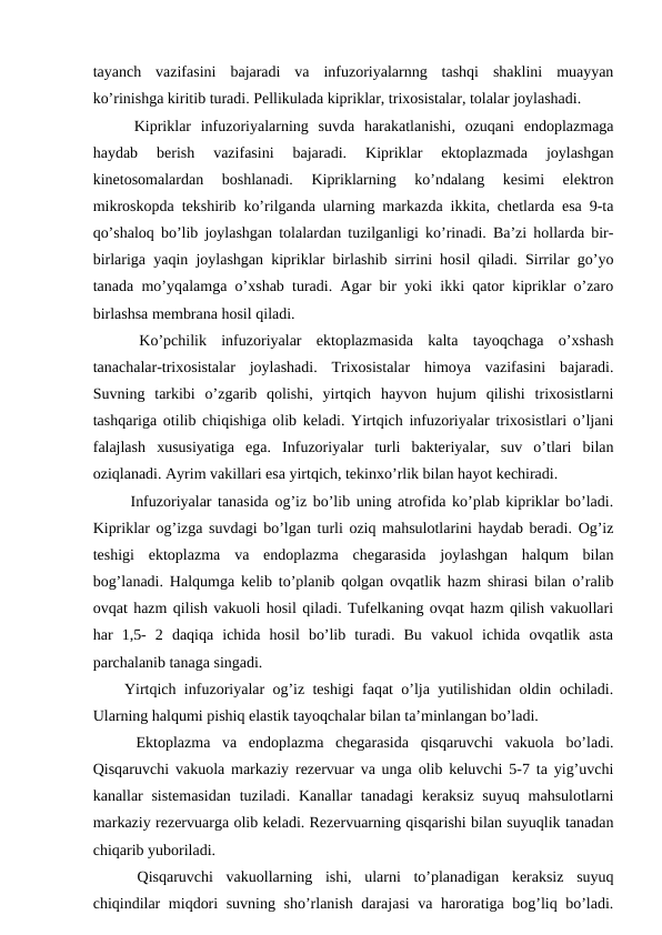 tayanch  vazifasini  bajaradi  va  infuzoriyalarnng  tashqi  shaklini  muayyan
ko’rinishga kiritib turadi. Pellikulada kipriklar, trixosistalar, tolalar joylashadi.
 Kipriklar  infuzoriyalarning  suvda  harakatlanishi,  ozuqani  endoplazmaga
haydab  berish  vazifasini  bajaradi.  Kipriklar  ektoplazmada  joylashgan
kinetosomalardan  boshlanadi.  Kipriklarning  ko’ndalang  kesimi  elektron
mikroskopda tekshirib ko’rilganda ularning markazda ikkita, chetlarda esa 9-ta
qo’shaloq bo’lib joylashgan tolalardan tuzilganligi ko’rinadi. Ba’zi hollarda bir-
birlariga yaqin joylashgan kipriklar birlashib sirrini hosil qiladi. Sirrilar go’yo
tanada mo’yqalamga o’xshab turadi. Agar bir yoki ikki qator kipriklar o’zaro
birlashsa membrana hosil qiladi.
 Ko’pchilik  infuzoriyalar  ektoplazmasida  kalta  tayoqchaga  o’xshash
tanachalar-trixosistalar  joylashadi.  Trixosistalar  himoya  vazifasini  bajaradi.
Suvning  tarkibi  o’zgarib  qolishi,  yirtqich  hayvon  hujum  qilishi  trixosistlarni
tashqariga otilib chiqishiga olib keladi. Yirtqich infuzoriyalar trixosistlari o’ljani
falajlash  xususiyatiga  ega.  Infuzoriyalar  turli  bakteriyalar,  suv  o’tlari  bilan
oziqlanadi. Ayrim vakillari esa yirtqich, tekinxo’rlik bilan hayot kechiradi.
 Infuzoriyalar tanasida og’iz bo’lib uning atrofida ko’plab kipriklar bo’ladi.
Kipriklar og’izga suvdagi bo’lgan turli oziq mahsulotlarini haydab beradi. Og’iz
teshigi  ektoplazma  va  endoplazma  chegarasida  joylashgan  halqum  bilan
bog’lanadi. Halqumga kelib to’planib qolgan ovqatlik hazm shirasi bilan o’ralib
ovqat hazm qilish vakuoli hosil qiladi. Tufelkaning ovqat hazm qilish vakuollari
har  1,5-  2  daqiqa  ichida  hosil  bo’lib  turadi.  Bu  vakuol  ichida  ovqatlik  asta
parchalanib tanaga singadi.
Yirtqich infuzoriyalar og’iz teshigi faqat o’lja yutilishidan oldin ochiladi.
Ularning halqumi pishiq elastik tayoqchalar bilan ta’minlangan bo’ladi.
 Ektoplazma  va  endoplazma  chegarasida  qisqaruvchi  vakuola  bo’ladi.
Qisqaruvchi vakuola markaziy rezervuar va unga olib keluvchi 5-7 ta yig’uvchi
kanallar  sistemasidan  tuziladi. Kanallar  tanadagi  keraksiz  suyuq  mahsulotlarni
markaziy rezervuarga olib keladi. Rezervuarning qisqarishi bilan suyuqlik tanadan
chiqarib yuboriladi.
 Qisqaruvchi  vakuollarning  ishi,  ularni  to’planadigan  keraksiz  suyuq
chiqindilar miqdori suvning sho’rlanish darajasi  va haroratiga bog’liq bo’ladi.
