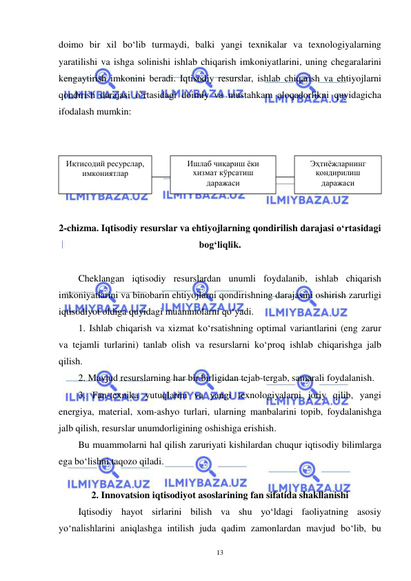  
 
13 
doimo bir xil bo‘lib turmaydi, balki yangi texnikalar va texnologiyalarning 
yaratilishi va ishga solinishi ishlab chiqarish imkoniyatlarini, uning chegaralarini 
kengaytirish imkonini beradi. Iqtisodiy resurslar, ishlab chiqarish va ehtiyojlarni 
qondirish darajasi o‘rtasidagi doimiy va mustahkam aloqadorlikni quyidagicha 
ifodalash mumkin: 
 
 
 
 
 
 
2-chizma. Iqtisodiy resurslar va ehtiyojlarning qondirilish darajasi o‘rtasidagi 
bog‘liqlik. 
 
Cheklangan iqtisodiy resurslardan unumli foydalanib, ishlab chiqarish 
imkoniyatlarini va binobarin ehtiyojlarni qondirishning darajasini oshirish zarurligi 
iqtisodiyot oldiga quyidagi muammolarni qo‘yadi. 
1. Ishlab chiqarish va xizmat ko‘rsatishning optimal variantlarini (eng zarur 
va tejamli turlarini) tanlab olish va resurslarni ko‘proq ishlab chiqarishga jalb 
qilish. 
2. Mavjud resurslarning har bir birligidan tejab-tergab, samarali foydalanish. 
3. Fan-texnika yutuqlarini va yangi texnologiyalarni joriy qilib, yangi 
energiya, material, xom-ashyo turlari, ularning manbalarini topib, foydalanishga 
jalb qilish, resurslar unumdorligining oshishiga erishish. 
Bu muammolarni hal qilish zaruriyati kishilardan chuqur iqtisodiy bilimlarga 
ega bo‘lishni taqozo qiladi. 
 
2. Innovatsion iqtisodiyot asoslarining fan sifatida shakllanishi 
Iqtisodiy hayot sirlarini bilish va shu yo‘ldagi faoliyatning asosiy 
yo‘nalishlarini aniqlashga intilish juda qadim zamonlardan mavjud bo‘lib, bu 
Иқтисодий ресурслар, 
имкониятлар 
Ишлаб чиқариш ёки 
хизмат кўрсатиш 
даражаси 
Эҳтиёжларнинг 
қондирилиш 
даражаси 
