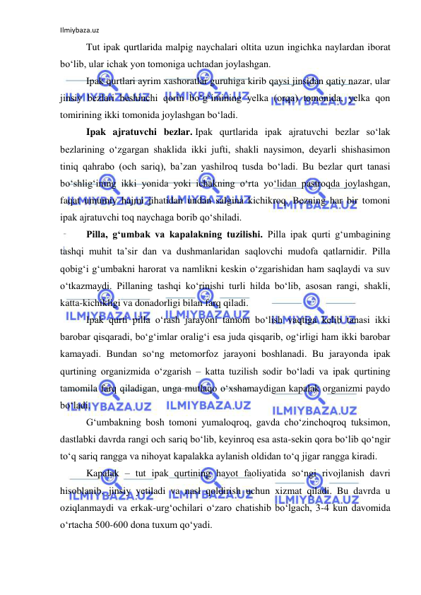 Ilmiybaza.uz 
 
Tut ipak qurtlarida malpig naychalari oltita uzun ingichka naylardan iborat 
bo‘lib, ular ichak yon tomoniga uchtadan joylashgan. 
Ipak qurtlari ayrim xashoratlar guruhiga kirib qaysi jinsidan qatiy nazar, ular 
jinsiy bezlari beshinchi qorin bo‘g‘imining yelka (orqa) tomonida, yelka qon 
tomirining ikki tomonida joylashgan bo‘ladi. 
Ipak ajratuvchi bezlar. Ipak qurtlarida ipak ajratuvchi bezlar so‘lak 
bezlarining o‘zgargan shaklida ikki jufti, shakli naysimon, deyarli shishasimon 
tiniq qahrabo (och sariq), ba’zan yashilroq tusda bo‘ladi. Bu bezlar qurt tanasi 
bo‘shlig‘ining ikki yonida yoki ichakning o‘rta yo‘lidan pastroqda joylashgan, 
faqat umumiy hajmi jihatidan undan salgina kichikroq. Bezning har bir tomoni 
ipak ajratuvchi toq naychaga borib qo‘shiladi. 
Pilla, g‘umbak va kapalakning tuzilishi. Pilla ipak qurti g‘umbagining 
tashqi muhit ta’sir dan va dushmanlaridan saqlovchi mudofa qatlarnidir. Pilla 
qobig‘i g‘umbakni harorat va namlikni keskin o‘zgarishidan ham saqlaydi va suv 
o‘tkazmaydi. Pillaning tashqi ko‘rinishi turli hilda bo‘lib, asosan rangi, shakli, 
katta-kichikligi va donadorligi bilan farq qiladi. 
Ipak qurti pilla o‘rash jarayoni tamom bo‘lish vaqtiga kelib tanasi ikki 
barobar qisqaradi, bo‘g‘imlar oralig‘i esa juda qisqarib, og‘irligi ham ikki barobar 
kamayadi. Bundan so‘ng metomorfoz jarayoni boshlanadi. Bu jarayonda ipak 
qurtining organizmida o‘zgarish – katta tuzilish sodir bo‘ladi va ipak qurtining 
tamomila farq qiladigan, unga mutlaqo o‘xshamaydigan kapalak organizmi paydo 
bo‘ladi. 
G‘umbakning bosh tomoni yumaloqroq, gavda cho‘zinchoqroq tuksimon, 
dastlabki davrda rangi och sariq bo‘lib, keyinroq esa asta-sekin qora bo‘lib qo‘ngir 
to‘q sariq rangga va nihoyat kapalakka aylanish oldidan to‘q jigar rangga kiradi. 
Kapalak – tut ipak qurtining hayot faoliyatida so‘ngi rivojlanish davri 
hisoblanib, jinsiy yetiladi va nasl qoldirish uchun xizmat qiladi. Bu davrda u 
oziqlanmaydi va erkak-urg‘ochilari o‘zaro chatishib bo‘lgach, 3-4 kun davomida 
o‘rtacha 500-600 dona tuxum qo‘yadi. 
