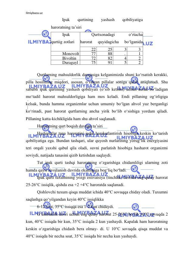 Ilmiybaza.uz 
 
 
Qurtlarning mahsuldorlik darajasiga kelganimizda shuni ko‘rsatish kerakki, 
pilla hosilining miqdori, asosan, o‘ralgan pillalar soniga qarab aniqlanadi. Shu 
sababli ipak qurtining yashash qobiliyati (o‘sib ketishi) uchun kerak bo‘ladigan 
mo‘tadil harorat mahsuldorligiga ham mos keladi. Endi pillaning og‘irligiga 
kelsak, bunda hamma organizmlar uchun umumiy bo‘lgan ahvol yuz berganligi 
ko‘rinadi, past harorat qurtlarning ancha yirik bo‘lib o‘sishiga yordam qiladi. 
Pillaning katta-kichikligida ham shu ahvol saqlanadi. 
Haroratning qurt boqish davriga ta’siri 
Hasharotlar tana haroratini jadal harakatlantirish hisobiga keskin ko‘tarish 
qobiliyatiga ega. Bundan tashqari, ular quyosh nurlarining yorug‘lik energiyasini 
teri orqali yaxshi qabul qila oladi, suvni parlatish hisobiga hasharot organizmi 
soviydi, natijada tanasini qizib ketishdan saqlaydi. 
Tut ipak qurti tashqi haroratning o‘zgarishiga chidamliligi ularning zoti 
hamda qaysi rivojlanish davrida ekanligiga bog‘liq bo‘ladi. 
Ipak qurti tuxumining yozgi estivatsiya (tinchlik) davrida eng qulay harorat 
25-26°C issiqlik, qishda esa +2 +4°C haroratda saqlanadi. 
Qishlovchi tuxum qisqa muddat ichida 40°C sovuqqa chiday oladi. Tuxumni 
saqlashga qo‘yilgandan keyin 40°C issiqlikka 
6-12 soat, 35°C issiqqa esa 1-2 kun chidaydi. 
G‘umbaklik davri uchun eng qulay harorat 25-26°C bo‘lib 10°C sovuqda 2 
kun, 40°C issiqda bir kun, 35°C issiqda 2 kun yashaydi. Kapalak ham haroratning 
keskin o‘zgarishiga chidash bera olmay- di. U 10°C sovuqda qisqa muddat va 
40°C issiqda bir necha soat, 35°C issiqda bir necha kun yashaydi. 
Ipak 
qurtining 
yashash 
qobiliyatiga 
haroratning ta’siri 
Ipak 
qurtiig zotlari 
Qurtxonadagi 
o‘rtacha 
harorat 
quyidagicha 
bo‘lganida 
qurtlarning yashash qobiliyati, % 
22
-230 
25
-260 
3
0-310 
3
4-350 
Monovolt
in zotlari 
77 
88 
. 
35 
1
2 
Bivoltin 
zotlari 
72 
82 
4
1 
2 
Duragayl
ar 
75 
91 
5
4 
2
7 
