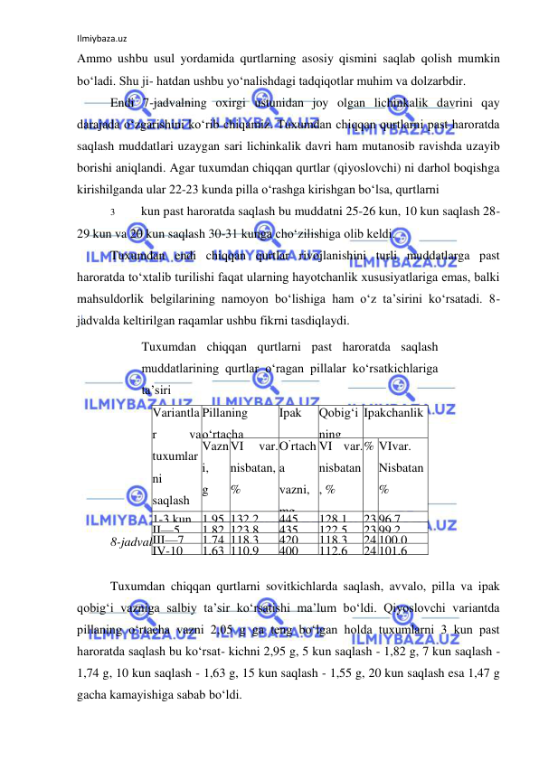 Ilmiybaza.uz 
 
Ammo ushbu usul yordamida qurtlarning asosiy qismini saqlab qolish mumkin 
bo‘ladi. Shu ji- hatdan ushbu yo‘nalishdagi tadqiqotlar muhim va dolzarbdir. 
Endi 7-jadvalning oxirgi ustunidan joy olgan lichinkalik davrini qay 
darajada o‘zgarishini ko‘rib chiqamiz. Tuxumdan chiqqan qurtlarni past haroratda 
saqlash muddatlari uzaygan sari lichinkalik davri ham mutanosib ravishda uzayib 
borishi aniqlandi. Agar tuxumdan chiqqan qurtlar (qiyoslovchi) ni darhol boqishga 
kirishilganda ular 22-23 kunda pilla o‘rashga kirishgan bo‘lsa, qurtlarni 
3 
kun past haroratda saqlash bu muddatni 25-26 kun, 10 kun saqlash 28-
29 kun va 20 kun saqlash 30-31 kunga cho‘zilishiga olib keldi. 
Tuxumdan endi chiqqan qurtlar rivojlanishini turli muddatlarga past 
haroratda to‘xtalib turilishi faqat ularning hayotchanlik xususiyatlariga emas, balki 
mahsuldorlik belgilarining namoyon bo‘lishiga ham o‘z ta’sirini ko‘rsatadi. 8-
jadvalda keltirilgan raqamlar ushbu fikrni tasdiqlaydi. 
8-jadval 
 
Tuxumdan chiqqan qurtlarni sovitkichlarda saqlash, avvalo, pilla va ipak 
qobig‘i vazniga salbiy ta’sir ko‘rsatishi ma’lum bo‘ldi. Qiyoslovchi variantda 
pillaning o‘rtacha vazni 2,05 g ga teng bo‘lgan holda tuxumlarni 3 kun past 
haroratda saqlash bu ko‘rsat- kichni 2,95 g, 5 kun saqlash - 1,82 g, 7 kun saqlash - 
1,74 g, 10 kun saqlash - 1,63 g, 15 kun saqlash - 1,55 g, 20 kun saqlash esa 1,47 g 
gacha kamayishiga sabab bo‘ldi. 
Tuxumdan chiqqan qurtlarni past haroratda saqlash 
muddatlarining qurtlar o‘ragan pillalar ko‘rsatkichlariga 
ta’siri 
Variantla
r 
va 
tuxumlar
ni 
saqlash 
muddati 
Pillaning 
o‘rtacha 
Ipak 
Qobig‘i
ning 
Ipakchanlik 
Vazn
i, 
g 
VI 
var. 
nisbatan, 
% 
O’rtach
a 
vazni, 
mg 
VI var. 
nisbatan
, % 
% VIvar. 
Nisbatan 
% 
1-3 kun 1,95 132,2 
445 
128,1 
23
,3 
96,7 
II—5 
kun 
1,82 123,8 
435 
122,5 
23
,9 
99,2 
III—7 
kun 
1,74 118,3 
420 
118,3 
24
,1 
100,0 
IV-10 
kun 
1,63 110,9 
400 
112,6 
24
,5 
101,6 
