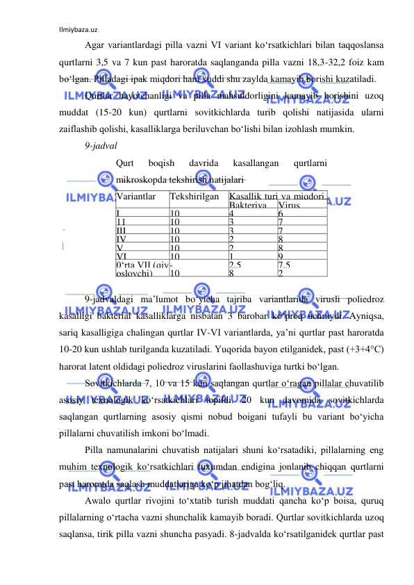 Ilmiybaza.uz 
 
Agar variantlardagi pilla vazni VI variant ko‘rsatkichlari bilan taqqoslansa 
qurtlarni 3,5 va 7 kun past haroratda saqlanganda pilla vazni 18,3-32,2 foiz kam 
bo‘lgan. Pilladagi ipak miqdori ham xuddi shu zaylda kamayib borishi kuzatiladi. 
Qurtlar hayotchanligi va pilla mahsuldorligini kamayib borishini uzoq 
muddat (15-20 kun) qurtlarni sovitkichlarda turib qolishi natijasida ularni 
zaiflashib qolishi, kasalliklarga beriluvchan bo‘lishi bilan izohlash mumkin. 
9-jadval 
 
9-jadvaldagi ma’lumot bo‘yicha tajriba variantlarida virusli poliedroz 
kasalligi bakterial kasalliklarga nisbatan 3 barobar ko‘proq uchraydi. Ayniqsa, 
sariq kasalligiga chalingan qurtlar IV-VI variantlarda, ya’ni qurtlar past haroratda 
10-20 kun ushlab turilganda kuzatiladi. Yuqorida bayon etilganidek, past (+3+4°C) 
harorat latent oldidagi poliedroz viruslarini faollashuviga turtki bo‘lgan. 
Sovitkichlarda 7, 10 va 15 kun saqlangan qurtlar o‘ragan pillalar chuvatilib 
asosiy texnologik ko‘rsatkichlari topildi. 20 kun davomida sovitkichlarda 
saqlangan qurtlarning asosiy qismi nobud boigani tufayli bu variant bo‘yicha 
pillalarni chuvatilish imkoni bo‘lmadi. 
Pilla namunalarini chuvatish natijalari shuni ko‘rsatadiki, pillalarning eng 
muhim texnologik ko‘rsatkichlari tuxumdan endigina jonlanib chiqqan qurtlarni 
past haroratda saqlash muddatlariga ko‘p jihatdan bog‘liq. 
Awalo qurtlar rivojini to‘xtatib turish muddati qancha ko‘p boisa, quruq 
pillalarning o‘rtacha vazni shunchalik kamayib boradi. Qurtlar sovitkichlarda uzoq 
saqlansa, tirik pilla vazni shuncha pasyadi. 8-jadvalda ko‘rsatilganidek qurtlar past 
Qurt 
boqish 
davrida 
kasallangan 
qurtlarni 
mikroskopda tekshirish natijalari 
Variantlar 
Tekshirilgan 
qurtlar 
soni, 
dona 
Kasallik turi va miqdori, 
dona 
Bakteriya 
Virus 
I 
10 
4 
6 
11 
10 
3 
7 
III 
10 
3 
7 
IV 
10 
2 
8 
V 
10 
2 
8 
VI 
10 
1 
9 
0‘rta VII (qiy - 
2,5 
7,5 
oslovchi) 
10 
8 
2 
