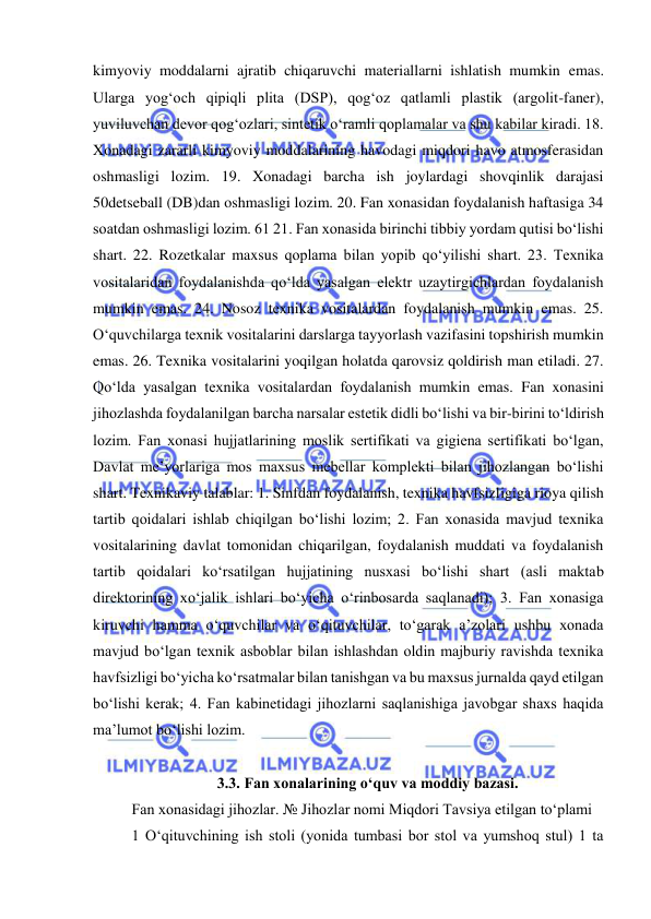  
 
kimyoviy moddalarni ajratib chiqaruvchi materiallarni ishlatish mumkin emas. 
Ularga yog‘och qipiqli plita (DSP), qog‘oz qatlamli plastik (argolit-faner), 
yuviluvchan devor qog‘ozlari, sintetik o‘ramli qoplamalar va shu kabilar kiradi. 18. 
Xonadagi zararli kimyoviy moddalarining havodagi miqdori havo atmosferasidan 
oshmasligi lozim. 19. Xonadagi barcha ish joylardagi shovqinlik darajasi 
50detseball (DB)dan oshmasligi lozim. 20. Fan xonasidan foydalanish haftasiga 34 
soatdan oshmasligi lozim. 61 21. Fan xonasida birinchi tibbiy yordam qutisi bo‘lishi 
shart. 22. Rozetkalar maxsus qoplama bilan yopib qo‘yilishi shart. 23. Texnika 
vositalaridan foydalanishda qo‘lda yasalgan elektr uzaytirgichlardan foydalanish 
mumkin emas. 24. Nosoz texnika vositalardan foydalanish mumkin emas. 25. 
O‘quvchilarga texnik vositalarini darslarga tayyorlash vazifasini topshirish mumkin 
emas. 26. Texnika vositalarini yoqilgan holatda qarovsiz qoldirish man etiladi. 27. 
Qo‘lda yasalgan texnika vositalardan foydalanish mumkin emas. Fan xonasini 
jihozlashda foydalanilgan barcha narsalar estetik didli bo‘lishi va bir-birini to‘ldirish 
lozim. Fan xonasi hujjatlarining moslik sertifikati va gigiena sertifikati bo‘lgan, 
Davlat me’yorlariga mos maxsus mebellar komplekti bilan jihozlangan bo‘lishi 
shart. Texnikaviy talablar: 1. Sinfdan foydalanish, texnika havfsizligiga rioya qilish 
tartib qoidalari ishlab chiqilgan bo‘lishi lozim; 2. Fan xonasida mavjud texnika 
vositalarining davlat tomonidan chiqarilgan, foydalanish muddati va foydalanish 
tartib qoidalari ko‘rsatilgan hujjatining nusxasi bo‘lishi shart (asli maktab 
direktorining xo‘jalik ishlari bo‘yicha o‘rinbosarda saqlanadi); 3. Fan xonasiga 
kiruvchi hamma o‘quvchilar va o‘qituvchilar, to‘garak a’zolari ushbu xonada 
mavjud bo‘lgan texnik asboblar bilan ishlashdan oldin majburiy ravishda texnika 
havfsizligi bo‘yicha ko‘rsatmalar bilan tanishgan va bu maxsus jurnalda qayd etilgan 
bo‘lishi kerak; 4. Fan kabinetidagi jihozlarni saqlanishiga javobgar shaxs haqida 
ma’lumot bo‘lishi lozim.  
 
3.3. Fan xonalarining o‘quv va moddiy bazasi. 
Fan xonasidagi jihozlar. № Jihozlar nomi Miqdori Tavsiya etilgan to‘plami  
1 O‘qituvchining ish stoli (yonida tumbasi bor stol va yumshoq stul) 1 ta 
