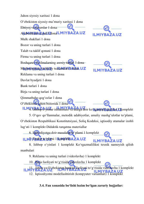  
 
Jahon siyosiy xaritasi 1 dona  
O‘zbekiston siyosiy-ma’muriy xaritasi 1 dona  
Ehtiyoj va resurslar 1 dona  
Ayrboshlash va pul 1 dona  
Mulk shakllari 1 dona  
Bozor va uning turlari 1 dona  
Talab va taklif qonuni 1 dona  
Firma va uning turlari 1 dona  
Boshqaruv tuzilmalarning asosiy turlari 1 dona  
Marketingning tashkiliy tuzilmalari 1 dona  
Reklama va uning turlari 1 dona  
Davlat byudjeti 1 dona  
Bank turlari 1 dona  
Birja va uning turlari 1 dona  
Qimmatbaho qog‘ozlar 1 dona  
O‘zbekiston jahon bozorida 1 dona  
4. Ishbop o‘yinlar ishlanmasi va ularga doir ko‘rgazmali qurollar 1 komplekt  
5. O‘quv qo‘llanmalar, metodik adabiyotlar, amaliy mashg‘ulotlar to‘plami, 
O‘zbekiston Respublikasi Konstitutsiyasi, Soliq Kodeksi, iqtisodiy atamalar izohli 
lug‘ati 1 komplekt Didaktik-tarqatma materiallar  
6. Iqtisodiyotga doir masalalar to‘plami 1 komplekt  
7. Testlar to‘plami 1 komplekt  
8.  Ishbop o‘yinlari 1 komplekt Ko‘rgazmalilikni texnik namoyish qilish 
manbalari  
9. Reklama va uning turlari (videolavha) 1 komplekt  
10.  Birja faoliyati to‘g‘risida videolavha 1 komplekt  
11.  Jahon va O‘zbekiston banklar faoliyati to‘g‘risida videolavha 1 komplekt  
12.  Iqtisodiyotni modellashtirish (kompyuter variantlari) 1 komplekt  
 
3.4. Fan xonasida bo‘lishi lozim bo‘lgan zaruriy hujjatlar: 
