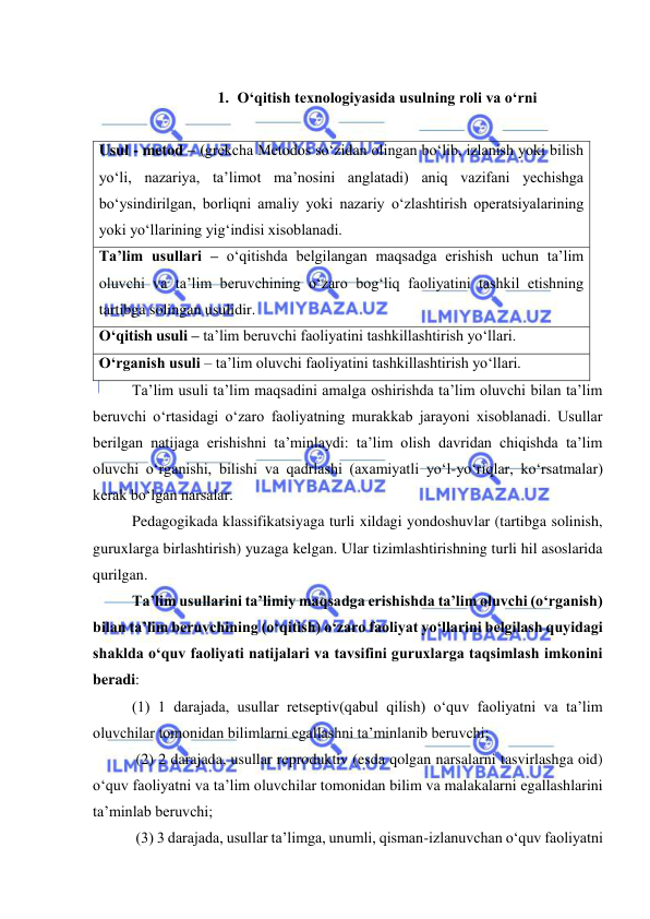  
 
 
1. O‘qitish texnologiyasida usulning roli va o‘rni  
 
Usul - metod – (grekcha Metodos so‘zidan olingan bo‘lib, izlanish yoki bilish 
yo‘li, nazariya, ta’limot ma’nosini anglatadi) aniq vazifani yechishga 
bo‘ysindirilgan, borliqni amaliy yoki nazariy o‘zlashtirish operatsiyalarining 
yoki yo‘llarining yig‘indisi xisoblanadi. 
Ta’lim usullari – o‘qitishda belgilangan maqsadga erishish uchun ta’lim 
oluvchi va ta’lim beruvchining o‘zaro bog‘liq faoliyatini tashkil etishning 
tartibga solingan usulidir.  
O‘qitish usuli – ta’lim beruvchi faoliyatini tashkillashtirish yo‘llari.  
O‘rganish usuli – ta’lim oluvchi faoliyatini tashkillashtirish yo‘llari. 
Ta’lim usuli ta’lim maqsadini amalga oshirishda ta’lim oluvchi bilan ta’lim 
beruvchi o‘rtasidagi o‘zaro faoliyatning murakkab jarayoni xisoblanadi. Usullar 
berilgan natijaga erishishni ta’minlaydi: ta’lim olish davridan chiqishda ta’lim 
oluvchi o‘rganishi, bilishi va qadrlashi (axamiyatli yo‘l-yo‘riqlar, ko‘rsatmalar) 
kerak bo‘lgan narsalar.  
Pedagogikada klassifikatsiyaga turli xildagi yondoshuvlar (tartibga solinish, 
guruxlarga birlashtirish) yuzaga kelgan. Ular tizimlashtirishning turli hil asoslarida 
qurilgan.      
Ta’lim usullarini ta’limiy maqsadga erishishda ta’lim oluvchi (o‘rganish) 
bilan ta’lim beruvchining (o‘qitish) o‘zaro faoliyat yo‘llarini belgilash quyidagi 
shaklda o‘quv faoliyati natijalari va tavsifini guruxlarga taqsimlash imkonini 
beradi:  
(1) 1 darajada, usullar retseptiv(qabul qilish) o‘quv faoliyatni va ta’lim 
oluvchilar tomonidan bilimlarni egallashni ta’minlanib beruvchi;   
 (2) 2 darajada, usullar reproduktiv (esda qolgan narsalarni tasvirlashga oid) 
o‘quv faoliyatni va ta’lim oluvchilar tomonidan bilim va malakalarni egallashlarini 
ta’minlab beruvchi; 
 (3) 3 darajada, usullar ta’limga, unumli, qisman-izlanuvchan o‘quv faoliyatni 
