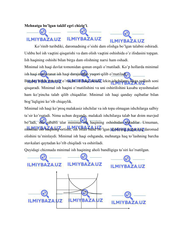  
 
 
Mehnatga bo’lgan taklif egri chizig’i. 
 
 
 
Ko’rinib turibdiki, daromadning o’sishi dam olishga bo’lgan talabni oshiradi. 
Ushbu hol ish vaqtini qisqarishi va dam olish vaqtini oshishida o’z ifodasini topgan. 
Ish haqining oshishi bilan birga dam olishning narxi ham oshadi. 
Minimal ish haqi davlat tomonidan qonun orqali o’rnatiladi. Ko’p hollarda minimal 
ish haqi muvozanat ish haqi darajasidan yuqori qilib o’rnatiladi.  
Bunday holda umumiy o’rtacha ish haqi oshadi, lekin ishchilarni ishga yollash soni 
qisqaradi. Minimal ish haqini o’rnatilishini va uni oshirilishini kasaba uyushmalari 
ham ko’pincha talab qilib chiqadilar. Minimal ish haqi qanday oqibatlar bilan 
bog’liqligini ko’rib chiqaylik. 
Minimal ish haqi ko’proq malakasiz ishchilar va ish topa olmagan ishchilarga salbiy 
ta’sir ko’rsatadi. Nima uchun deganda, malakali ishchilarga talab har doim mavjud 
bo’ladi, shu sababli ular minimal ish haqining oshishidan yutadilar. Umuman, 
minimal ish haqining ortishi, ish bilan band bo’lgan aholining yuqoriroq daromad 
olishini ta’minlaydi. Minimal ish haqi oshganda, mehnatga haq to’lashning barcha 
stavkalari qaytadan ko’rib chiqiladi va oshiriladi. 
Quyidagi chizmada minimal ish haqining aholi bandligiga ta’siri ko’rsatilgan. 
 
 
 
 
 
 
 
 
 
 
 
 
 
 
 
 
 
 
 
 
 
 
 
