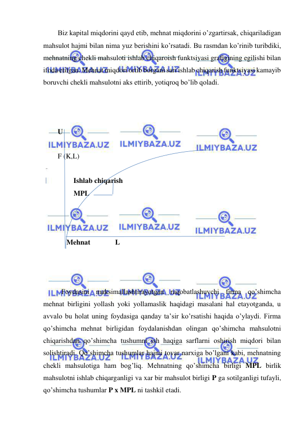  
 
Biz kapital miqdorini qayd etib, mehnat miqdorini o’zgartirsak, chiqariladigan 
mahsulot hajmi bilan nima yuz berishini ko’rsatadi. Bu rasmdan ko’rinib turibdiki, 
mehnatning chekli mahsuloti ishlab chiqaroish funktsiyasi grafigining egilishi bilan 
ifoda etilgan. Mehnat miqdori ortib borgani sari ishlab chiqarish funktsiyasi kamayib 
boruvchi chekli mahsulotni aks ettirib, yotiqroq bo’lib qoladi. 
 
 
 
U 
 
F (K,L) 
 
                 Ishlab chiqarish 
         MPL 
 
 
 
     Mehnat              L 
 
 
 
 
Foydasini maksimallashtirayotgan raqobatlashuvchi firma qo’shimcha 
mehnat birligini yollash yoki yollamaslik haqidagi masalani hal etayotganda, u 
avvalo bu holat uning foydasiga qanday ta’sir ko’rsatishi haqida o’ylaydi. Firma 
qo’shimcha mehnat birligidan foydalanishdan olingan qo’shimcha mahsulotni 
chiqarishdan qo’shimcha tushumni ish haqiga sarflarni oshirish miqdori bilan 
solishtiradi. Qo’shimcha tushumlar hajmi tovar narxiga bo’lgani kabi, mehnatning 
chekli mahsulotiga ham bog’liq. Mehnatning qo’shimcha birligi MPL birlik 
mahsulotni ishlab chiqarganligi va xar bir mahsulot birligi P ga sotilganligi tufayli, 
qo’shimcha tushumlar P x MPL ni tashkil etadi.  
