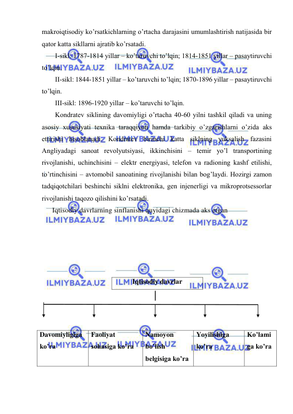  
 
makroiqtisodiy ko’rsatkichlarning o’rtacha darajasini umumlashtirish natijasida bir 
qator katta sikllarni ajratib ko’rsatadi. 
I-sikl: 1787-1814 yillar – ko’taruvchi to’lqin; 1814-1851 yillar – pasaytiruvchi 
to’lqin. 
II-sikl: 1844-1851 yillar – ko’taruvchi to’lqin; 1870-1896 yillar – pasaytiruvchi 
to’lqin. 
III-sikl: 1896-1920 yillar – ko’taruvchi to’lqin. 
Kondratev siklining davomiyligi o’rtacha 40-60 yilni tashkil qiladi va uning 
asosiy xususiyati texnika taraqqiyoti hamda tarkibiy o’zgarishlarni o’zida aks 
ettirishi hisoblanadi. Kondratev birinchi katta siklning yuksalish fazasini 
Angliyadagi sanoat revolyutsiyasi, ikkinchisini – temir yo’l transportining 
rivojlanishi, uchinchisini – elektr energiyasi, telefon va radioning kashf etilishi, 
to’rtinchisini – avtomobil sanoatining rivojlanishi bilan bog’laydi. Hozirgi zamon 
tadqiqotchilari beshinchi siklni elektronika, gen injenerligi va mikroprotsessorlar 
rivojlanishi taqozo qilishini ko’rsatadi. 
Iqtisodiy davrlarning sinflanishi quyidagi chizmada aks etgan 
 
 
 
 
 
Iqtisodiy davrlar 
 
 
Davomiyligiga 
ko’ra 
Faoliyat 
sohasiga ko’ra 
Namoyon 
bo’lish 
belgisiga ko’ra 
Yoyilishiga 
ko’ra 
Ko’lami
ga ko’ra 
