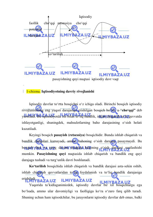  
 
Iqtisodiy                                 
faollik      choʻqqi   retsessiya     choʻqqi       
potensial  
darajasi                       
                     
 
                     koʻtarilish 
              
            
                  
pasayishning quyi nuqtasi  iqtisodiy davr vaqt 
 
     1-chizma. Iqtisodiyotning davriy rivojlanishi 
 
Iqtisodiy davrlar toʻrtta bosqichni oʻz ichiga oladi. Birinchi bosqich iqtisodiy 
rivojlanishning eng yuqori darajasiga erishilgan bosqich boʻlib, u “choʻqqi” deb 
yuritiladi. Bu iqtisodiyotda ish bilan toʻliq bandlik, ishlab chiqarish toʻla quvvatda 
ishlayotganligi, shuningdek, mahsulotlarning baho darajasining oʻsish holati 
kuzatiladi.  
Keyingi bosqich pasayish (retsessiya) bosqichidir. Bunda ishlab chiqarish va 
bandlik darajalari kamayadi, ammo bahoning oʻsish darajasi pasaymaydi. Bu 
bosqich faol va uzoq davom etsagina bahoning oʻsish darajasi sustlashishi 
mumkin. Pasayishning quyi nuqtasida ishlab chiqarish va bandlik eng quyi 
darajaga tushadi va turgʻunlik davri boshlanadi.  
Koʻtarilish bosqichida ishlab chiqarish va bandlik darajasi asta-sekin oshib, 
ishlab chiqarish quvvatlaridan toʻliq foydalanish va toʻliq bandlik darajasiga 
erishiladi. 
Yuqorida ta’kidlaganimizdek, iqtisodiy davrlar bir xil bosqichlarga ega 
boʻlsada, ammo ular davomiyligi va faolligiga koʻra oʻzaro farq qilib turadi. 
Shuning uchun ham iqtisodchilar, bu jarayonlarni iqtisodiy davrlar deb emas, balki 
