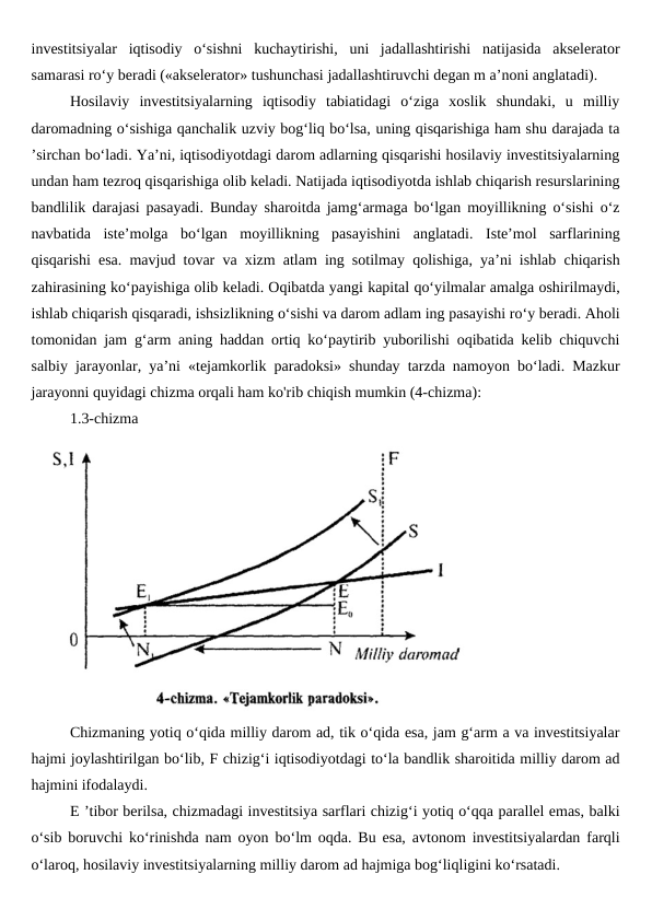 investitsiyalar  iqtisodiy  o‘sishni  kuchaytirishi,  uni  jadallashtirishi  natijasida  akselerator
samarasi ro‘y beradi («akselerator» tushunchasi jadallashtiruvchi degan m a’noni anglatadi).
Hosilaviy  investitsiyalarning  iqtisodiy  tabiatidagi  o‘ziga  xoslik  shundaki,  u  milliy
daromadning o‘sishiga qanchalik uzviy bog‘liq bo‘lsa, uning qisqarishiga ham shu darajada ta
’sirchan bo‘ladi. Ya’ni, iqtisodiyotdagi darom adlarning qisqarishi hosilaviy investitsiyalarning
undan ham tezroq qisqarishiga olib keladi. Natijada iqtisodiyotda ishlab chiqarish resurslarining
bandlilik darajasi pasayadi. Bunday sharoitda jamg‘armaga bo‘lgan moyillikning o‘sishi o‘z
navbatida  iste’molga  bo‘lgan  moyillikning  pasayishini  anglatadi.  Iste’mol  sarflarining
qisqarishi esa. mavjud tovar va xizm atlam ing sotilmay qolishiga, ya’ni ishlab chiqarish
zahirasining ko‘payishiga olib keladi. Oqibatda yangi kapital qo‘yilmalar amalga oshirilmaydi,
ishlab chiqarish qisqaradi, ishsizlikning o‘sishi va darom adlam ing pasayishi ro‘y beradi. Aholi
tomonidan jam g‘arm aning haddan ortiq ko‘paytirib yuborilishi oqibatida kelib chiquvchi
salbiy jarayonlar, ya’ni «tejamkorlik paradoksi» shunday tarzda namoyon bo‘ladi. Mazkur
jarayonni quyidagi chizma orqali ham kо'rib chiqish mumkin (4-chizma):
1.3-chizma
Chizmaning yotiq o‘qida milliy darom ad, tik o‘qida esa, jam g‘arm a va investitsiyalar
hajmi joylashtirilgan bo‘lib, F chizig‘i iqtisodiyotdagi to‘la bandlik sharoitida milliy darom ad
hajmini ifodalaydi.
E ’tibor berilsa, chizmadagi investitsiya sarflari chizig‘i yotiq o‘qqa parallel emas, balki
o‘sib boruvchi ko‘rinishda nam oyon bo‘lm oqda. Bu esa, avtonom investitsiyalardan farqli
o‘laroq, hosilaviy investitsiyalarning milliy darom ad hajmiga bog‘liqligini ko‘rsatadi.

