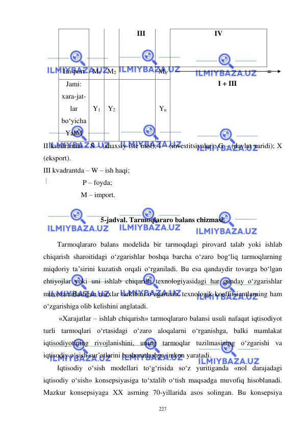  
 
227 
 
 
 
III  
 
IV 
 
 
 
 
 
 
 
 
 
 
 
 
Im-port 
M1 M2 
 
Mn 
                                               = 
I + III 
Jami: 
xara-jat-
lar 
bo‘yicha 
YaIM 
 
 
Y1 
 
 
Y2 
 
 
 
Yn 
II kvadrantda – S – (shaxsiy iste’mol); I – (investitsiyalar); G – (davlat xaridi); X 
(eksport).  
III kvadrantda – W – ish haqi; 
                      P – foyda;  
                     M – import. 
 
5-jadval. Tarmoqlararo balans chizmasi. 
 
Tarmoqlararo balans modelida bir tarmoqdagi pirovard talab yoki ishlab 
chiqarish sharoitidagi o‘zgarishlar boshqa barcha o‘zaro bog‘liq tarmoqlarning 
miqdoriy ta’sirini kuzatish orqali o‘rganiladi. Bu esa qandaydir tovarga bo‘lgan 
ehtiyojlar yoki uni ishlab chiqarish texnologiyasidagi har qanday o‘zgarishlar 
muvozanatlashgan narxlar tarkibini o‘zgartirib, texnologik koeffitsientlarning ham 
o‘zgarishiga olib kelishini anglatadi.  
 «Xarajatlar – ishlab chiqarish» tarmoqlararo balansi usuli nafaqat iqtisodiyot 
turli tarmoqlari o‘rtasidagi o‘zaro aloqalarni o‘rganishga, balki mamlakat 
iqtisodiyotining rivojlanishini, uning tarmoqlar tuzilmasining o‘zgarishi va 
iqtisodiy o‘sish sur’atlarini bashoratlashga imkon yaratadi. 
Iqtisodiy o‘sish modellari to‘g‘risida so‘z yuritiganda «nol darajadagi 
iqtisodiy o‘sish» konsepsiyasiga to‘xtalib o‘tish maqsadga muvofiq hisoblanadi. 
Mazkur konsepsiyaga XX asrning 70-yillarida asos solingan. Bu konsepsiya 
