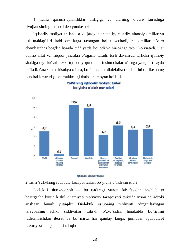 4.  Ichki  qarama-qarshiliklar  birligiga  va  ularning  o’zaro  kurashiga
rivojlanishning manbai deb yondashish.
Iqtisodiy faoliyatlar, hodisa va jarayonlar tabiiy, moddiy, shaxsiy omillar va
‘ul  mablag’lari  kabi  omillarga  tayangan  holda  kechadi,  bu  omillar  o’zaro
chambarchas bog’liq hamda ziddiyatda bo’ladi va bir-biriga ta’sir ko’rsatadi, ular
doimo sifat va miqdor jihatdan o’zgarib turadi, turli davrlarda turlicha ijtimoiy
shaklga ega bo’ladi, eski iqtisodiy qonunlar, tushunchalar o’rniga yangilari ‘aydo
bo’ladi. Ana shular hisobga olinsa, bu fan uchun dialektika qoidalarini qo’llashning
qanchalik zarurligi va muhimligi darhol namoyon bo’ladi.
2-rasm YaIMning iqtisodiy faoliyat turlari bo’yicha o`sish suratlari
Dialektik  dunyoqarash  —  bu  qadimgi  yunon  falsafasidan  boshlab  to
hozirgacha butun kishilik jamiyati ma’naviy taraqqiyoti tarixida inson aql-idroki
erishgan  buyuk  yutuqdir.  Dialektik  uslubning  mohiyati  o’rganilayotgan
jarayonning  ichki  ziddiyatlar  tufayli  o’z-o’zidan  harakatda  bo’lishini
tushuntirishdan  iborat  va  bu  narsa  har  qanday  fanga,  jumladan  iqtisodiyot
nazariyasi faniga ham taaluqlidir.
23
