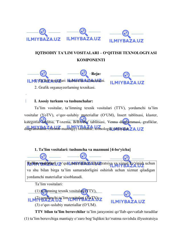  
 
 
 
 
 
 
IQTISODIY TA’LIM VOSITALARI – O‘QITISH TEXNOLOGIYASI 
KOMPONENTI 
 
Reja: 
1. Ta’lim vositalari: tushuncha va mazmuni. 
2. Grafik organayzerlarning texnikasi. 
 
I. Asosiy turkum va tushunchalar:  
Ta’lim vositalar, ta’limning texnik vositalari (TTV), yordamchi ta’lim 
vositalar (YoTV), o‘quv-uslubiy materiallar (O‘UM), Insert tablitsasi, klaster, 
kategorial tablitsa, T-sxema, B/Bx/Bo/ tablitsasi, Venna diagrammasi, grafiklar, 
diagrammalar, (tizimli-mantiqiy) sxemalar, xronologik tablitsalar. 
 
 
1. Ta’lim vositalari: tushuncha va mazmuni [4-bo‘yicha] 
 
Ta’lim vositalari – o‘quv materiallarni illyustratsiya va vizual ko‘rinish uchun 
va shu bilan birga ta’lim samaradorligini oshirish uchun xizmat qiladigan 
yordamchi materiallar xisoblanadi.  
Ta’lim vositalari:  
(1) ta’limning texnik vositalari (TTV),  
(2) yordamchi ta’lim vositalari (YoTV);  
(3) o‘quv-uslubiy materiallar (O‘UM). 
TTV bilan ta’lim beruvchilar ta’lim jarayonini qo‘llab-quvvatlab turadilar 
(1) ta’lim beruvchiga mantiqiy o‘zaro bog‘liqlikni ko‘rsatma ravishda illyustratsiya 
