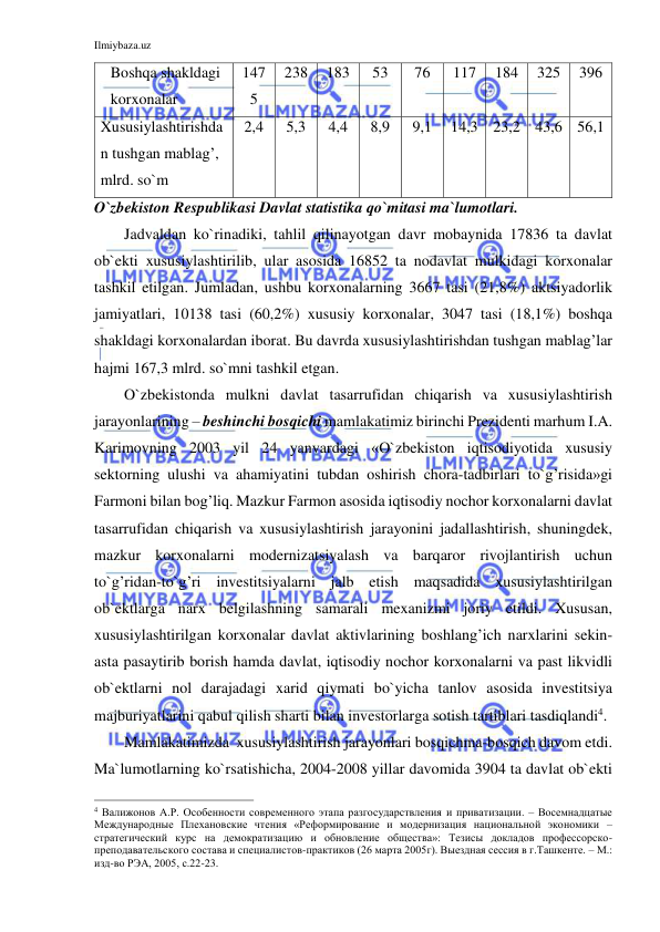 Ilmiybaza.uz 
 
Boshqa shakldagi 
korxonalar 
147
5 
238 
183 
53 
76 
117 
184 
325 
396 
Xususiylashtirishda
n tushgan mablag’, 
mlrd. so`m 
2,4 
5,3 
4,4 
8,9 
9,1 
14,3 23,2 43,6 56,1 
O`zbekiston Respublikasi Davlat statistika qo`mitasi ma`lumotlari. 
Jadvaldan ko`rinadiki, tahlil qilinayotgan davr mobaynida 17836 ta davlat 
ob`ekti xususiylashtirilib, ular asosida 16852 ta nodavlat mulkidagi korxonalar 
tashkil etilgan. Jumladan, ushbu korxonalarning 3667 tasi (21,8%) aktsiyadorlik 
jamiyatlari, 10138 tasi (60,2%) xususiy korxonalar, 3047 tasi (18,1%) boshqa 
shakldagi korxonalardan iborat. Bu davrda xususiylashtirishdan tushgan mablag’lar 
hajmi 167,3 mlrd. so`mni tashkil etgan.  
O`zbekistonda mulkni davlat tasarrufidan chiqarish va xususiylashtirish 
jarayonlarining – beshinchi bosqichi mamlakatimiz birinchi Prezidenti marhum I.A. 
Karimovning 2003 yil 24 yanvardagi «O`zbekiston iqtisodiyotida xususiy 
sektorning ulushi va ahamiyatini tubdan oshirish chora-tadbirlari to`g’risida»gi 
Farmoni bilan bog’liq. Mazkur Farmon asosida iqtisodiy nochor korxonalarni davlat 
tasarrufidan chiqarish va xususiylashtirish jarayonini jadallashtirish, shuningdek, 
mazkur korxonalarni modernizatsiyalash va barqaror rivojlantirish uchun 
to`g’ridan-to`g’ri investitsiyalarni jalb etish maqsadida xususiylashtirilgan 
ob`ektlarga narx belgilashning samarali mexanizmi joriy etildi. Xususan, 
xususiylashtirilgan korxonalar davlat aktivlarining boshlang’ich narxlarini sekin-
asta pasaytirib borish hamda davlat, iqtisodiy nochor korxonalarni va past likvidli 
ob`ektlarni nol darajadagi xarid qiymati bo`yicha tanlov asosida investitsiya 
majburiyatlarini qabul qilish sharti bilan investorlarga sotish tartiblari tasdiqlandi4.  
Mamlakatimizda  xususiylashtirish jarayonlari bosqichma-bosqich davom etdi. 
Ma`lumotlarning ko`rsatishicha, 2004-2008 yillar davomida 3904 ta davlat ob`ekti 
                                                           
4 Валижонов А.Р. Особенности современного этапа разгосударствления и приватизации. – Восемнадцатые 
Международные Плехановские чтения «Реформирование и модернизация национальной экономики – 
стратегический курс на демократизацию и обновление общества»: Тезисы докладов профессорско-
преподавательского состава и специалистов-практиков (26 марта 2005г). Выездная сессия в г.Ташкенте. – М.: 
изд-во РЭА, 2005, с.22-23. 
