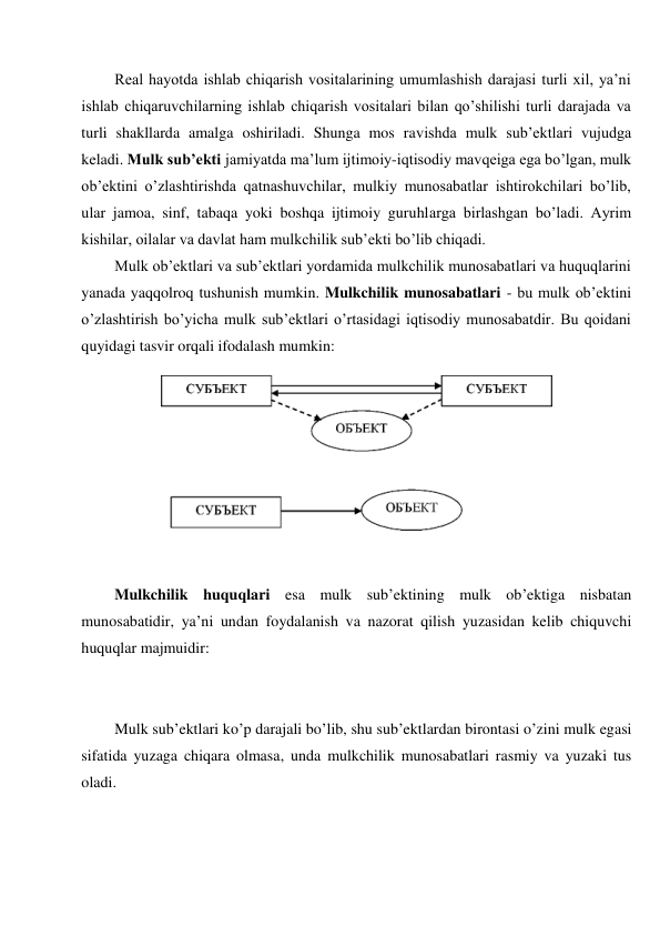 Real hayotda ishlab chiqarish vositalarining umumlashish darajasi turli xil, ya’ni 
ishlab chiqaruvchilarning ishlab chiqarish vositalari bilan qo’shilishi turli darajada va 
turli shakllarda amalga oshiriladi. Shunga mos ravishda mulk sub’ektlari vujudga 
keladi. Mulk sub’ekti jamiyatda ma’lum ijtimoiy-iqtisodiy mavqeiga ega bo’lgan, mulk 
ob’ektini o’zlashtirishda qatnashuvchilar, mulkiy munosabatlar ishtirokchilari bo’lib, 
ular jamoa, sinf, tabaqa yoki boshqa ijtimoiy guruhlarga birlashgan bo’ladi. Ayrim 
kishilar, oilalar va davlat ham mulkchilik sub’ekti bo’lib chiqadi. 
Mulk ob’ektlari va sub’ektlari yordamida mulkchilik munosabatlari va huquqlarini 
yanada yaqqolroq tushunish mumkin. Mulkchilik munosabatlari - bu mulk ob’ektini 
o’zlashtirish bo’yicha mulk sub’ektlari o’rtasidagi iqtisodiy munosabatdir. Bu qoidani 
quyidagi tasvir orqali ifodalash mumkin: 
 
Mulkchilik huquqlari esa mulk sub’ektining mulk ob’ektiga nisbatan 
munosabatidir, ya’ni undan foydalanish va nazorat qilish yuzasidan kelib chiquvchi 
huquqlar majmuidir: 
Mulk sub’ektlari ko’p darajali bo’lib, shu sub’ektlardan birontasi o’zini mulk egasi 
sifatida yuzaga chiqara olmasa, unda mulkchilik munosabatlari rasmiy va yuzaki tus 
oladi. 
 
