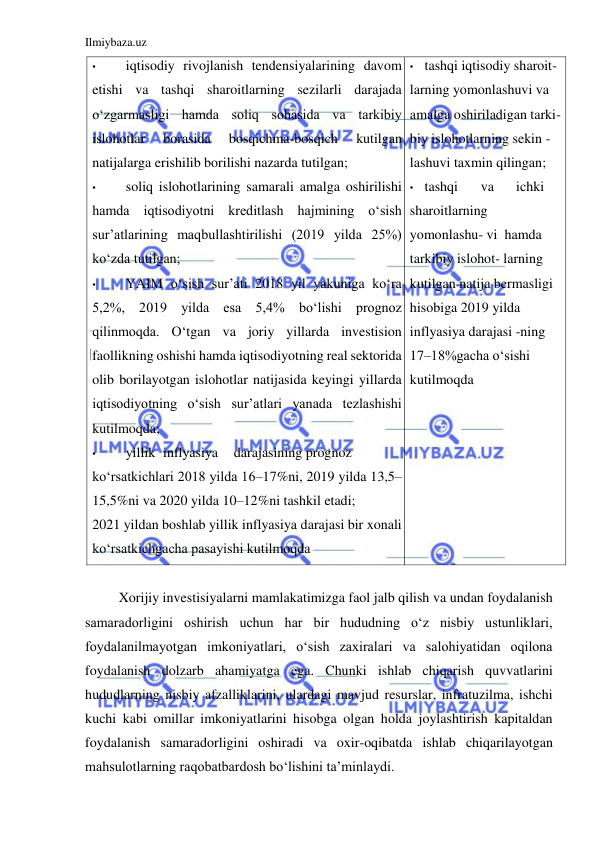 Ilmiybaza.uz 
 
• 
iqtisodiy rivojlanish tendensiyalarining davom 
etishi va tashqi sharoitlarning sezilarli darajada 
o‘zgarmasligi hamda soliq sohasida va tarkibiy 
islohotlar 
borasida 
bosqichma-bosqich 
kutilgan 
natijalarga erishilib borilishi nazarda tutilgan;  
• 
soliq islohotlarining samarali amalga oshirilishi 
hamda iqtisodiyotni kreditlash hajmining o‘sish 
sur’atlarining maqbullashtirilishi (2019 yilda 25%) 
ko‘zda tutilgan;  
• 
YAIM o‘sish sur’ati 2018 yil yakuniga ko‘ra 
5,2%, 2019 yilda esa 5,4% bo‘lishi prognoz 
qilinmoqda. O‘tgan va joriy yillarda investision 
faollikning oshishi hamda iqtisodiyotning real sektorida 
olib borilayotgan islohotlar natijasida keyingi yillarda 
iqtisodiyotning o‘sish sur’atlari yanada tezlashishi 
kutilmoqda;  
• 
yillik  inflyasiya  darajasining prognoz  
ko‘rsatkichlari 2018 yilda 16–17%ni, 2019 yilda 13,5– 
15,5%ni va 2020 yilda 10–12%ni tashkil etadi;  
2021 yildan boshlab yillik inflyasiya darajasi bir xonali 
ko‘rsatkichgacha pasayishi kutilmoqda  
• tashqi iqtisodiy sharoit- 
larning yomonlashuvi va 
amalga oshiriladigan tarki- 
biy islohotlarning sekin -
lashuvi taxmin qilingan;  
• tashqi  
va  
ichki  
sharoitlarning 
yomonlashu- vi  hamda 
tarkibiy islohot- larning 
kutilgan natija bermasligi 
hisobiga 2019 yilda 
inflyasiya darajasi -ning 
17–18%gacha o‘sishi 
kutilmoqda  
 
 
Xorijiy investisiyalarni mamlakatimizga faol jalb qilish va undan foydalanish 
samaradorligini oshirish uchun har bir hududning o‘z nisbiy ustunliklari, 
foydalanilmayotgan imkoniyatlari, o‘sish zaxiralari va salohiyatidan oqilona 
foydalanish dolzarb ahamiyatga ega. Chunki ishlab chiqarish quvvatlarini 
hududlarning nisbiy afzalliklarini, ulardagi mavjud resurslar, infratuzilma, ishchi 
kuchi kabi omillar imkoniyatlarini hisobga olgan holda joylashtirish kapitaldan 
foydalanish samaradorligini oshiradi va oxir-oqibatda ishlab chiqarilayotgan 
mahsulotlarning raqobatbardosh bo‘lishini ta’minlaydi.   
