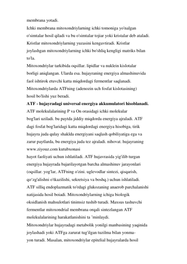 membrana yotadi. 
Ichki membrana mitoxondriylarning ichki tomoniga yo'nalgan 
o'simtalar hosil qiladi va bu o'simtalar tojiar yoki kristalar deb ataladi. 
Kristlar mitoxondriylarning yuzasini kengavtiradi. Kristlar 
joylashgan mitoxondriylarning ichki bo'shliq kengligi matriks bilan 
to'la. 
Mitoxondriylar tarkibida oqsillar. lipidlar va nuklein kislotalar 
borligi aniqlangan. Ularda esa. hujayraning energiya almashinuvida 
faol ishtirok etuvchi katta miqdordagi fermentlar saqlanadi. 
Mitoxondriylarda ATFning (adenozin uch fosfat kislotasining) 
hosil bo'lishi yuz beradi. 
ATF - hujayradagi universal energiya akkumulatori hisoblanadi. 
ATF molekulalarining P va On orasidagi ichki molekular 
bog'lari uziladi. bu paytda jiddiy miqdorda energiya ajraladi. ATF 
dagi fosfat bog'laridagi katta miqdordagi energiya hisobiga, tirik 
hujayra juda qulay shaklda energiyani saqlash qobiliyatiga ega va 
zarur paytlarda, bu energiya juda tez ajraladi. nihovat. hujayraning 
www.ziyouz.com kutubxonasi 
hayot faoliyati uchun ishlatiladi. ATF hujavrasida yig'ilib turgan 
energiya hujayrada bajarilayotgan barcha almashinuv jarayonlari 
(oqsillar. yog'lar, ATFning o'zini. uglevodlar sintezi, qisqarish, 
qo‘zg'alishni o'tkazilishi, sekretsiya va boshq.) uchun ishlatiladi. 
ATF silliq endoplazmatik to'rdagi glukozaning anaerob parchalanishi 
natijasida hosil boiadi. Mitoxondriylarning ichiga biologik 
oksidlanish mahsulotlari tinimsiz tushib turadi. Maxsus tashuvchi 
fermentlar mitoxondrial membrana orqali sintezlangan ATF 
molekulalarining harakatlanishini ta ’minlaydi. 
Mitoxondriylar hujayradagi metabolik yonilgi manbasining yaqinida 
joylashadi yoki ATFga zarurat tug'ilgan tuzilma bilan yonma- 
yon turadi. Masalan, mitoxondriylar epitelial hujayralarda hosil 
