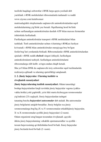 tuzilishi haqidagi axborotlar i-RNK larga qayta yoziladi deb 
yuritiladi. i-RNK molekulalari ribosomalarda tanlanadi va xuddi 
www.ziyouz.com kutubxonasi 
matrisadagidek sitoplazmada saqlanuvchi aminokislotalardan oqsil 
molekulalarining yig'ilishi yuz beradi. Oqsillarning hosil bo'lishi 
uchun sarflanadigan aminokislotalar dastlab ATF bilan maxsus fermentlar 
ishtirokida faollashadi. 
Faollashgan aminokislotalar transport t-RNK molekulalari bilan 
tashiladi. Turli aminokislotalar uchun o'zlarining t-RNKasi faoliyat 
ko'rsatadi. t-RNK bilan aminokislotalar energiyaga boy bo'lgan 
fosfat bog’lari yordamida birikadi. Ribosomalarda t-RNK aminokislotalardan 
ajraladi: t-RNK xuddi chelnok singari ishlaydi, faollashgan 
aminokislotalarni tashiydi. faollashgan aminokislotalarni 
ribosomalarga olib kelib. so'ngra undan chiqib ketadi. 
Shu yo'l bilan DNK da saqlanuvchi irsiy axborotlar oqsil tuzilmalarida 
realizasiya qilinadi va ularning spetsifikligi aniqlanadi. 
2. 2. Jinsiy hujayralar. Ularning tuziiish va 
rivojlanish xususiyatlari 
Jinsiy hujayralarning tuziiish xususiyatlari. Odam tanasidagi 
boshqa hujayralardan farqli ravishda jinsiy hujayralar vagona (yakka- 
vakka holda) yoki gaploidli, ya'ni ikki marta kichraygan xromosomalar 
yig'indisini (23) saqlaydi. Jinsiy hujayralardan tashqari 
tananing barcha hujayralari autosomalar deb ataladi. Bu autosomalar 
jinsiy belgilarini aniqlab beradilar. Jinsiy belgilar esa jinsiy 
xromosomalarga bog'liq (X va Y-xromosomalar-erkaklikjinsiy hujayralar, 
X va X-xromosomalar ayollik jinsiy hujayralar) (2-rasm). 
Odam organizmi urug'langan tuxumdan rivojlanadi. qaysiki 
ikkita jinsiy hujayralarning: erkaklik-spermatazoidlar va ayollik - 
tuxum hujavrasining qo'shilishidan hosil bo'ladi. Jinsiy hujayralar 
jinsiy bezlarda hosil bo'ladi (2- rasrn). 
