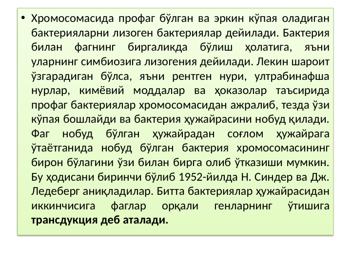 • Хромосомасида профаг бўлган ва эркин кўпая оладиган 
бактерияларни лизоген бактериялар дейилади. Бактерия 
билан фагнинг биргаликда бўлиш ҳолатига, яъни 
уларнинг симбиозига лизогения дейилади. Лекин шароит 
ўзгарадиган бўлса, яъни рентген нури, ултрабинафша 
нурлар, кимёвий моддалар ва ҳоказолар таъсирида 
профаг бактериялар хромосомасидан ажралиб, тезда ўзи 
кўпая бошлайди ва бактерия ҳужайрасини нобуд қилади. 
Фаг 
нобуд 
бўлган 
ҳужайрадан 
соғлом 
ҳужайрага 
ўтаётганида нобуд бўлган бактерия хромосомасининг 
бирон бўлагини ўзи билан бирга олиб ўтказиши мумкин. 
Бу ҳодисани биринчи бўлиб 1952-йилда Н. Синдер ва Дж. 
Ледеберг аниқладилар. Битта бактериялар ҳужайрасидан 
иккинчисига 
фаглар 
орқали 
генларнинг 
ўтишига 
трансдукция деб аталади.

