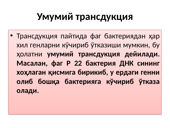 Умумий трансдукция
• Трансдукция пайтида фаг бактериядан ҳар 
хил генларни кўчириб ўтказиши мумкин, бу 
ҳолатни умумий трансдукция дейилади. 
Масалан, фаг P 22 бактерия ДНК сининг 
хоҳлаган қисмига бирикиб, у ердаги генни 
олиб бошқа бактерияга кўчириб ўтказа 
олади.
